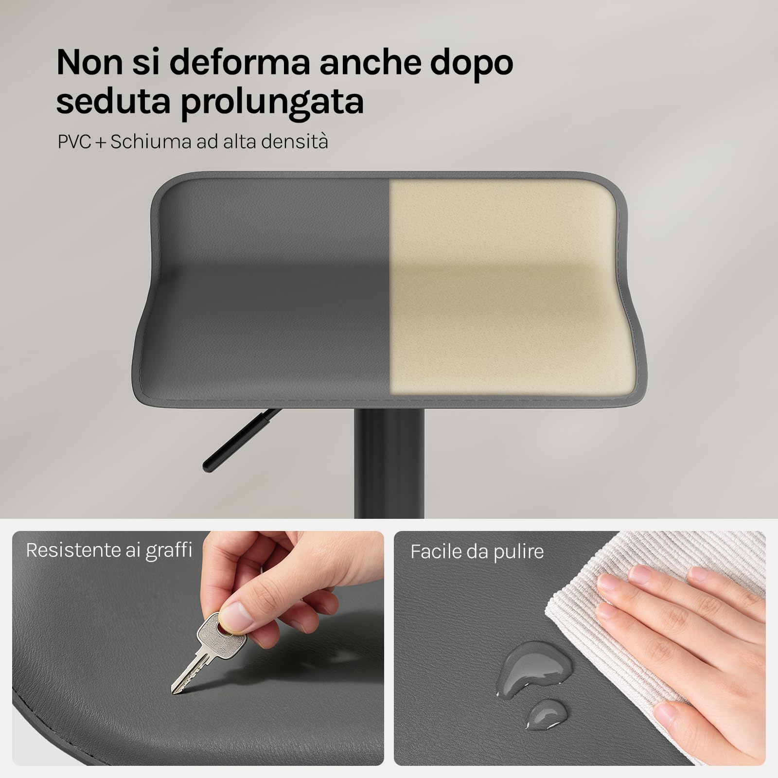 WOLTU Sgabello Cucina, Regolabile in Altezza, PVC, Grigio | Sgabello da Bar Colazione, con Poggiapiedi, Regolabile in Altezza, Sgabelli Girevole, per Cucina Caffè Banco, in Metallo