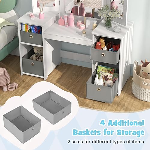 Miniatura 48 de INFANS Vanity - Juego de escritorio y silla de maquillaje de princesa 2 en 1 con espejo desmontable de tres pliegues, estantes de almacenamiento