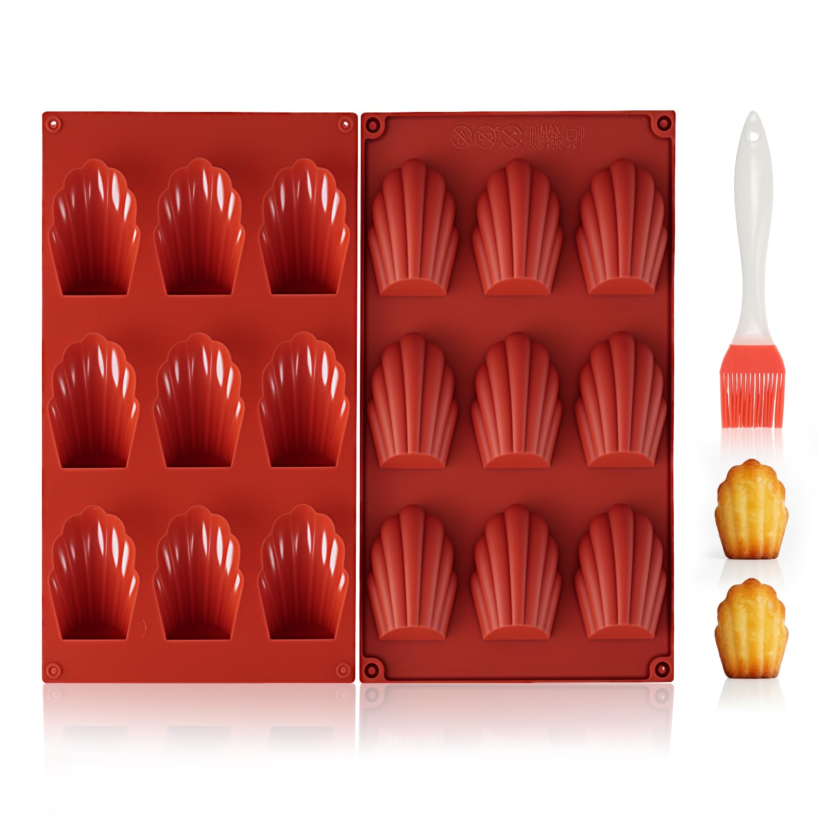 VINATO Set of 2 Madeleines Silicone Moulds with Brush, 9 Cavities Madeleine Mould Antiadherent BPA Free Shell Shape Cake Moulds, Ideal for Chocolate, Biscuit, Pudding