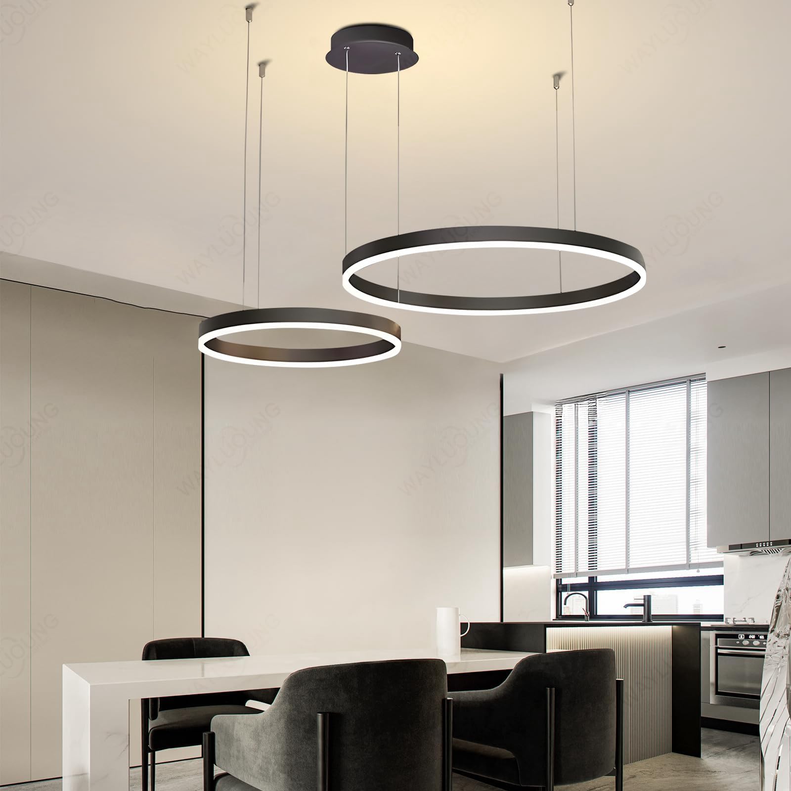 LED Żyrandol Metalowy | 2 Koła 40+60cm | 40W Lampa Wisząca Sufitowa Pierścieniami, Pilot Możliwością ściemniania 3000-6000K Lampa Wisząca Akrylowym Kloszem Sypialnia Przedpokój Czarny