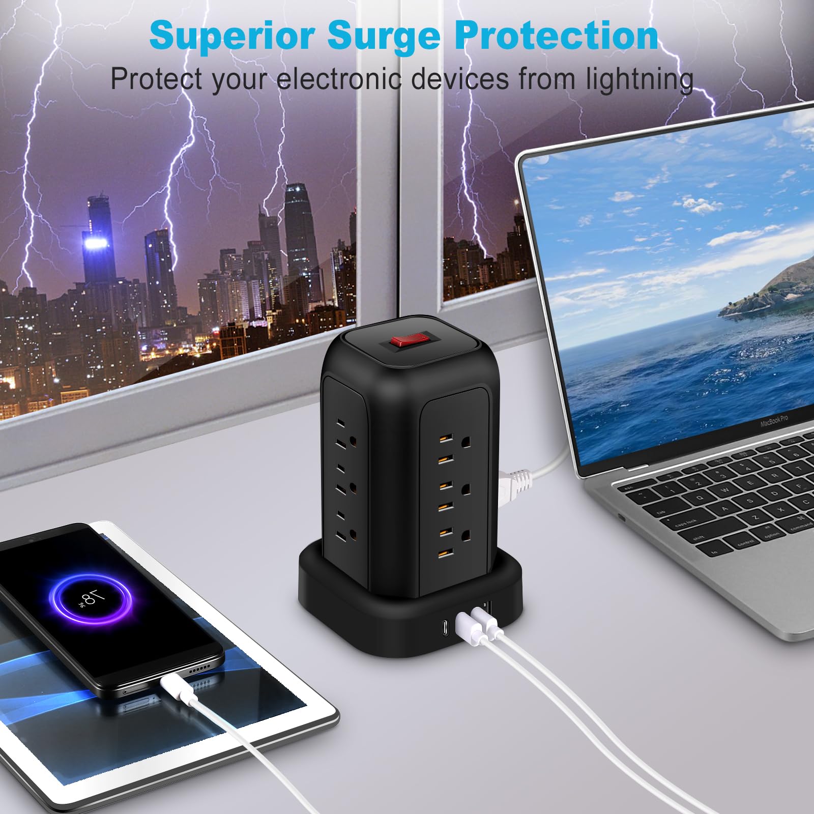 Tower Power Strip Surge Protector USB Ports, Multiple Outlets Ports Desktop Charging Station, Flat Plug, Wall Mount,with Night Light Station, Socket, Power Bar, Office Desk Supplies, Dorm Essentials