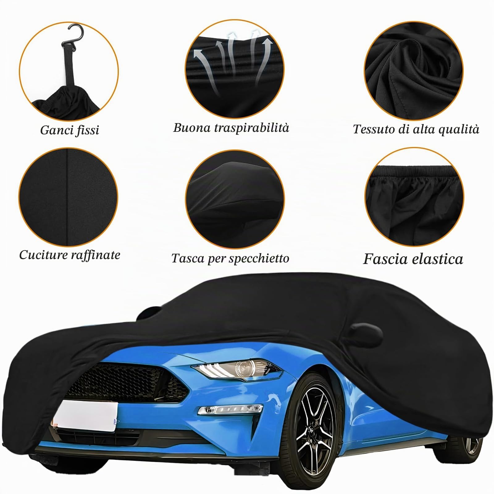 Telo di copertura auto premium per interni, in tessuto elasticizzato, compatibile con Ford Mustang 2005-2024, copertura completa per auto per protezione dal sole e dalla polvere, fodera protettiva in
