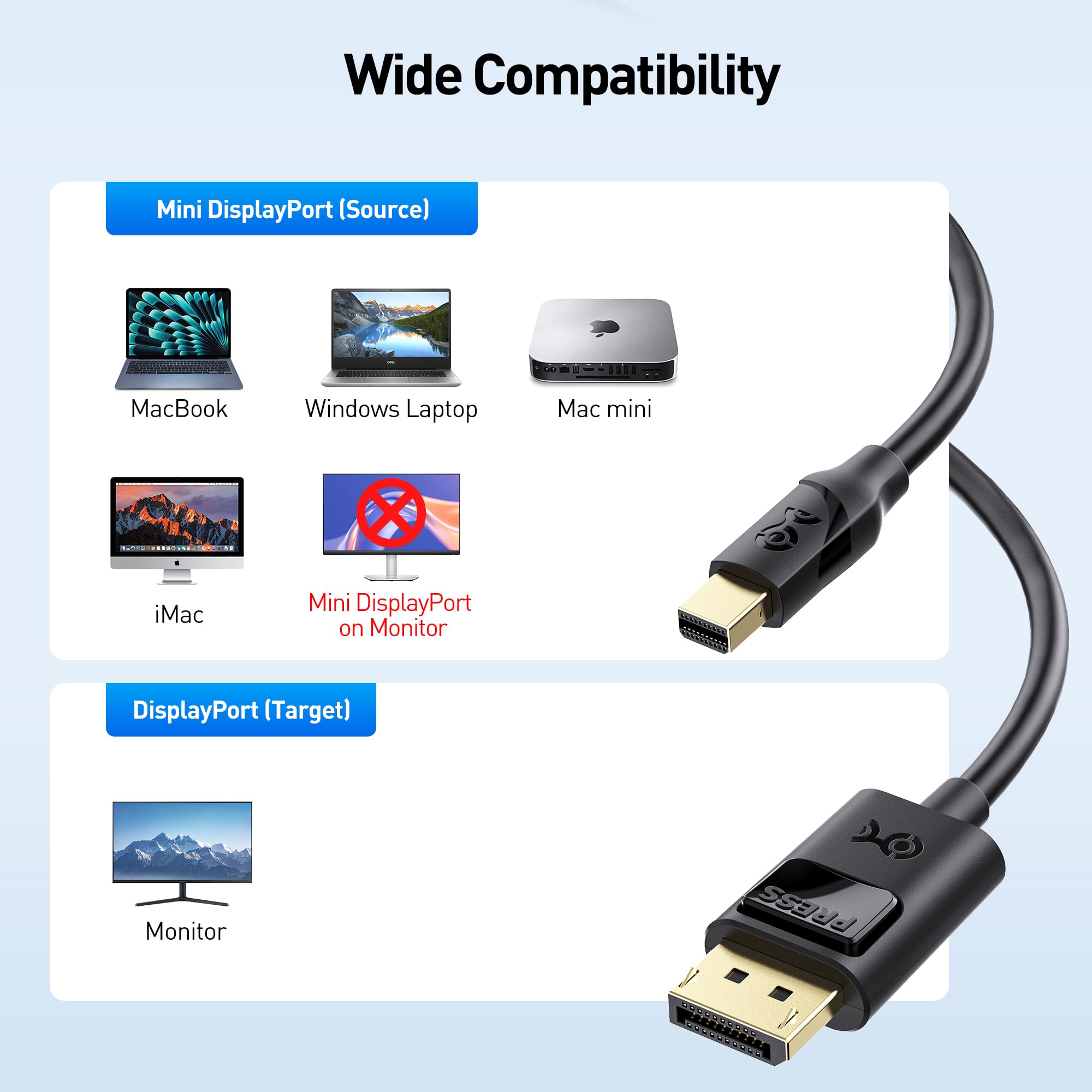 Cable Matters Kabel Mini DisplayPort do DisplayPort 1.4 32,4 Gbps, 3 m | Czarny, 8K@60Hz z HDR, zgodny z portami Thunderbolt i Thunderbolt 2
