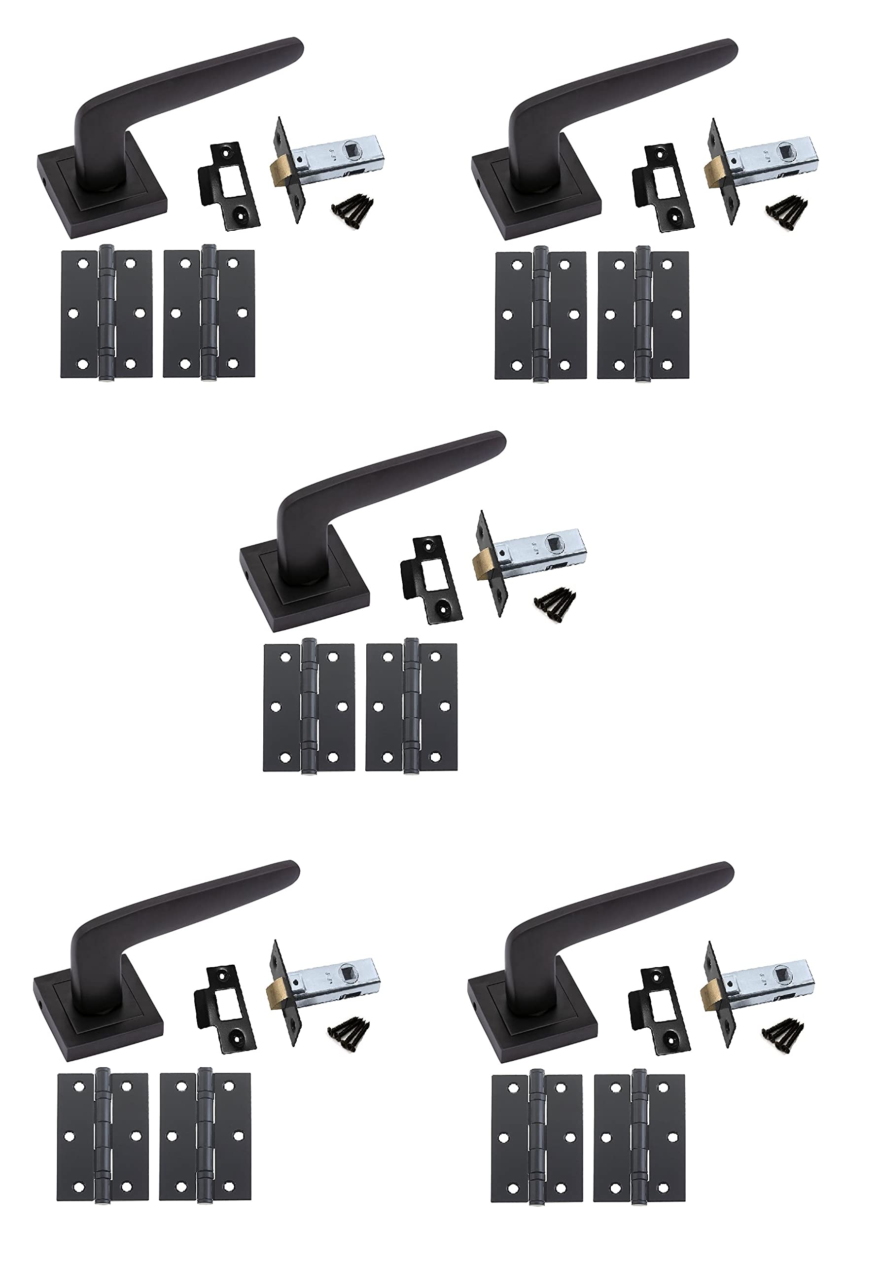 Golden Grace Venus Door Handles on Square Rose in Stunning Matt Black Finish Complete with 64mm Tubular Latch & Ball Bearing Hinges - 5 Set