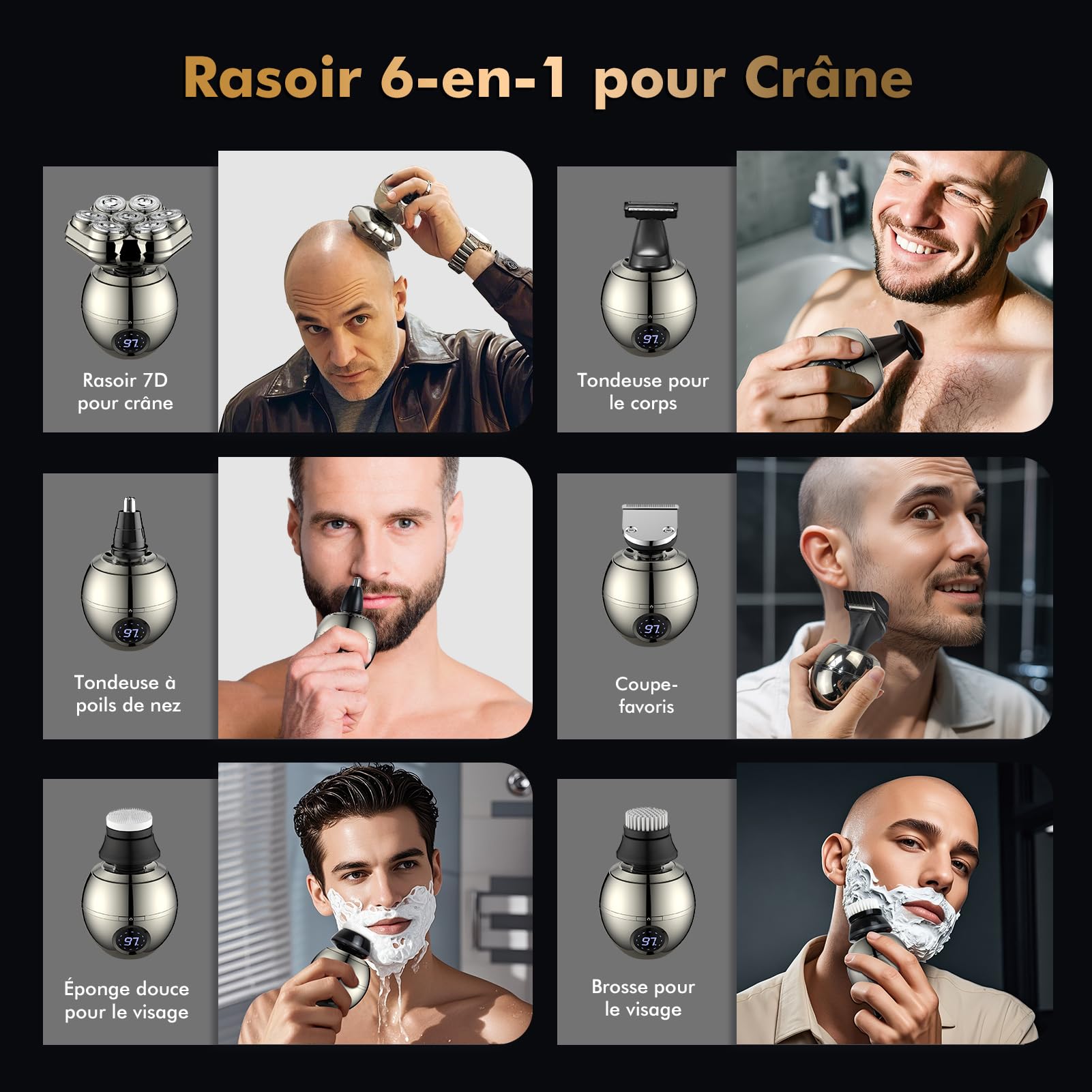 Rasoir Tete Chauve Homm,7D Rasoir Electriques Hommes Cheveux-6 en 1 Tondeuse Crane Chauve, Rasoir Chauve magnétique amovible, Humide/Sec Étanche IPX7 pour Hommes Chauves avec Écran LED