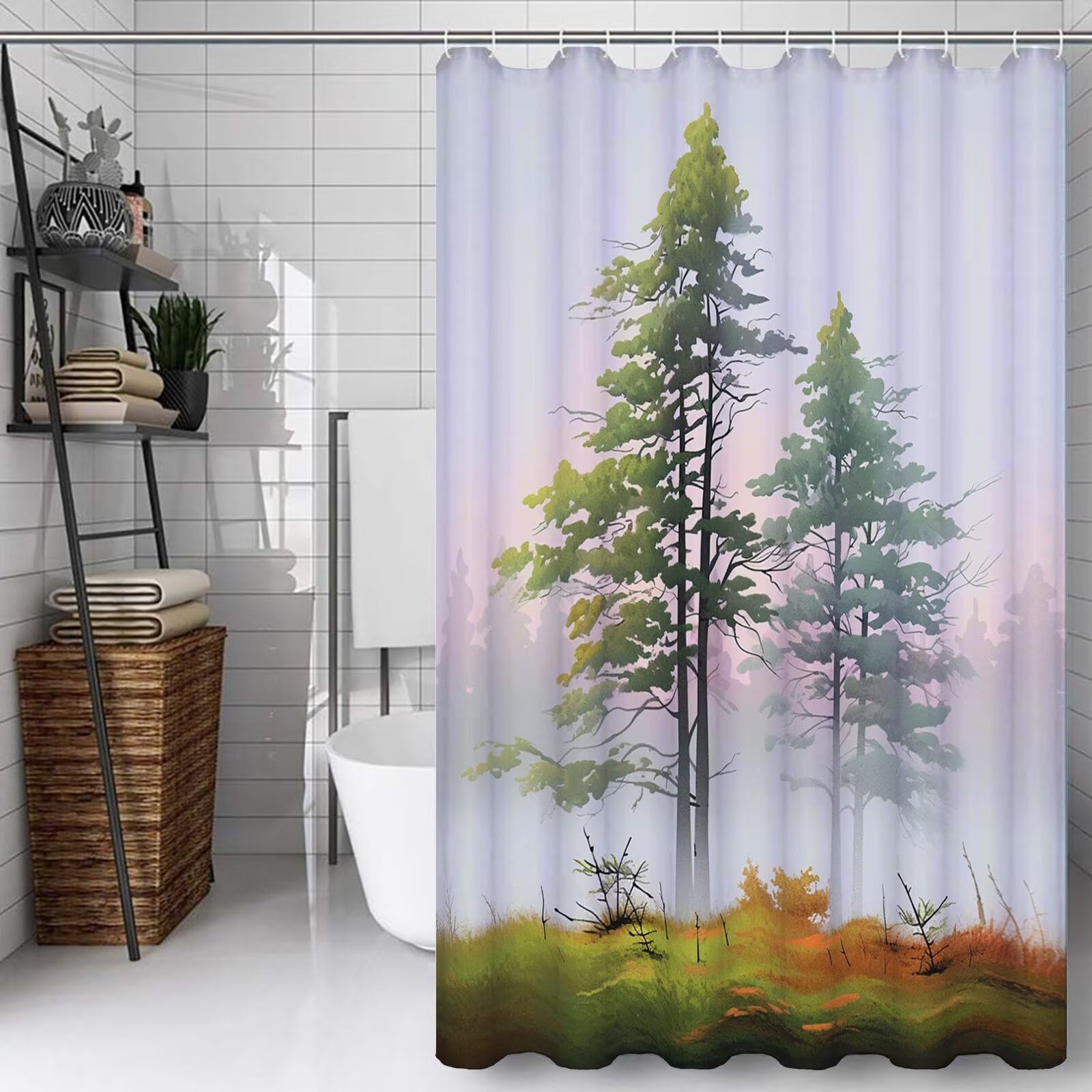 Rideau de douche 150x210 cm lavable en polyester blanc avec motif arbre pour cabine