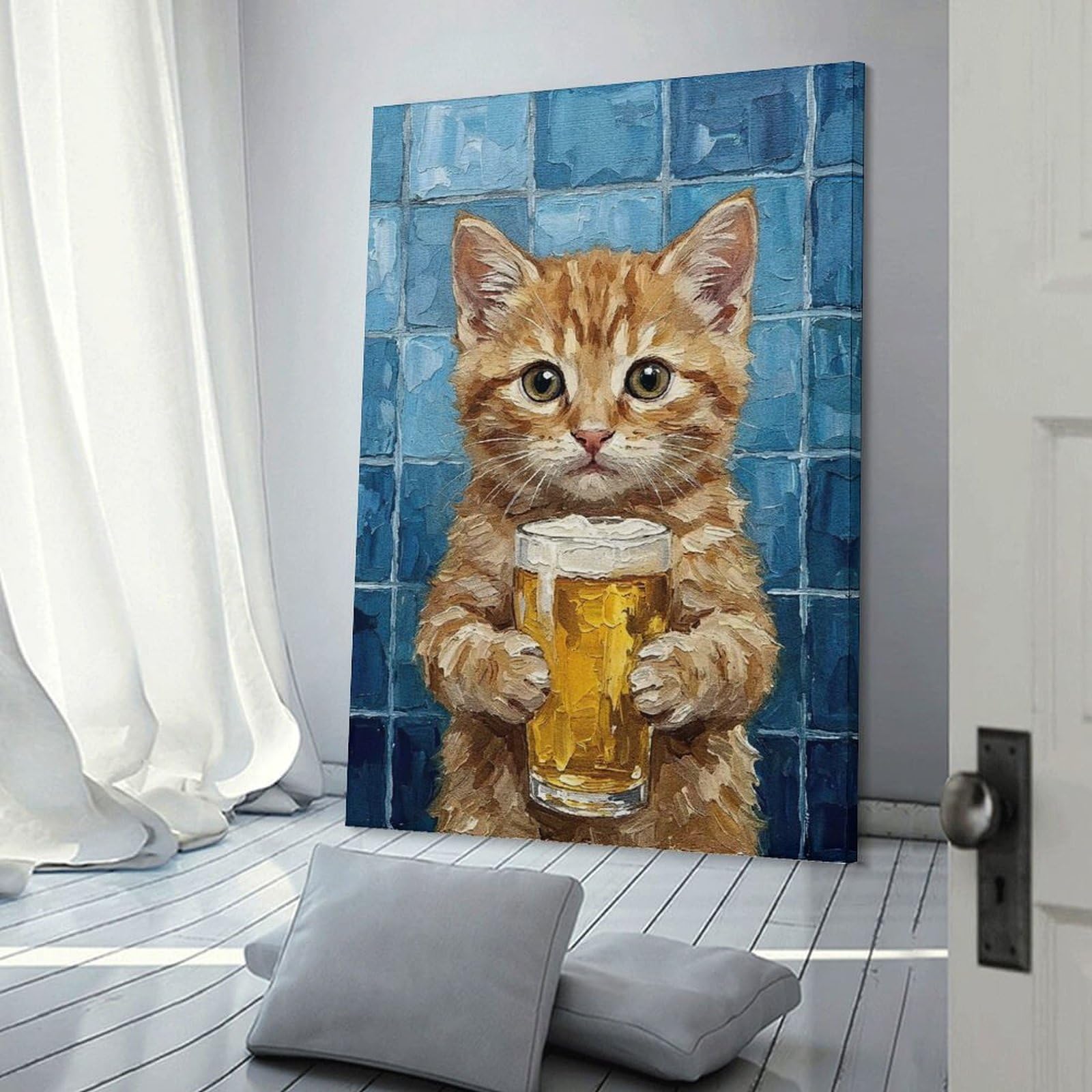 Junmoney Frame-Style-9 Decorative Wall Artwork Kitten With Beer Painting, 08X12inch(20X30cm), For New Homes, Bedrooms Or Workspaces, Canvas Artwork With Gifting Potential
