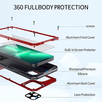 Unitedtime for iPhone 13 Pro Case Waterproof with Built-in Screen Protector Full Body Rugged Hard Silicone, Military Grade Shockproof Dustproof Protective Cover 6.1 Inch Red