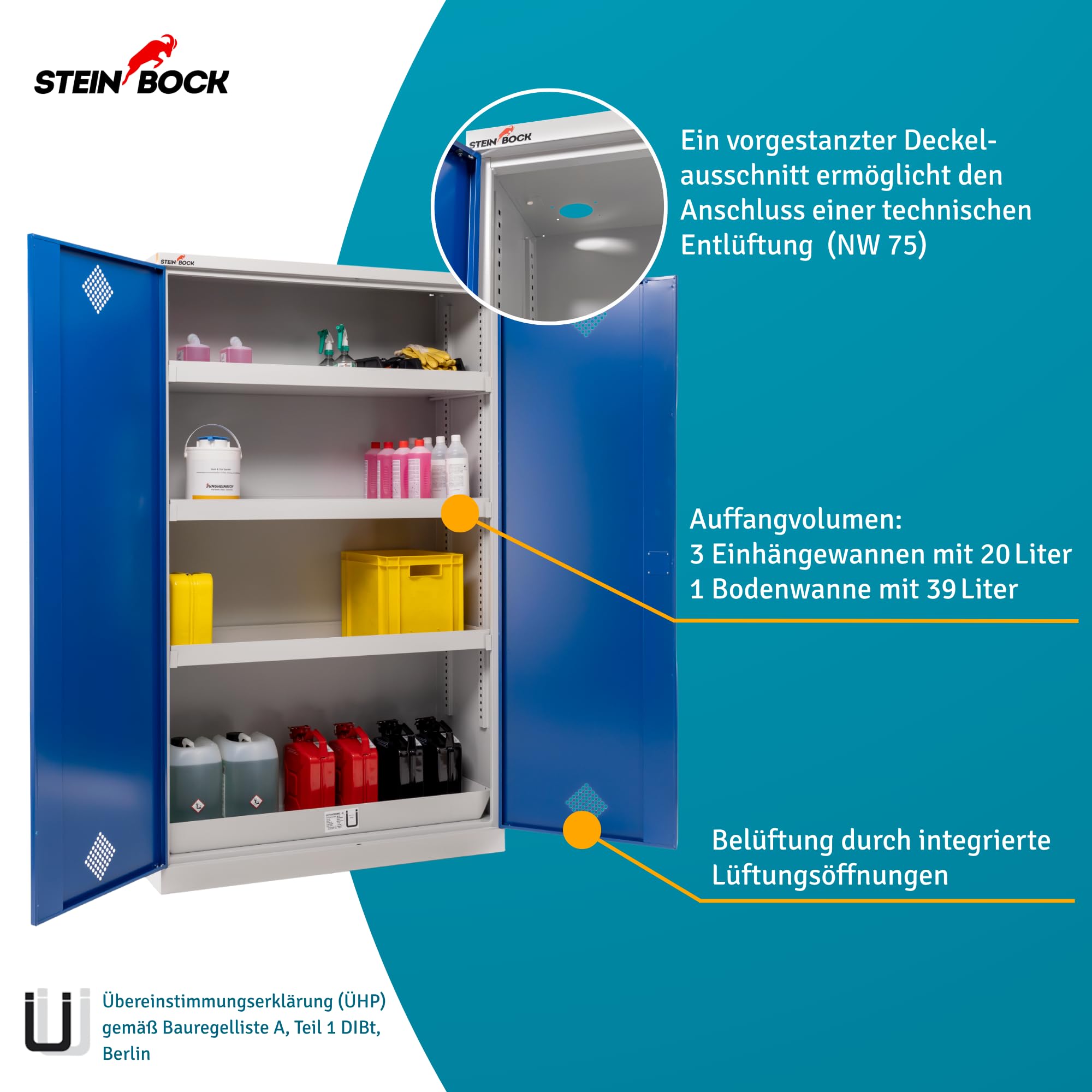 Steinbock Gefahrstoffschrank aus Stahlblech für wassergefährdene Stoffe bis WGK 2 | HxBxT 195 x 120 x 50 cm | Bodenwanne nach StawaR | vollmontiert | Chemikalien- und Giftschrank mit Zylinderschloss