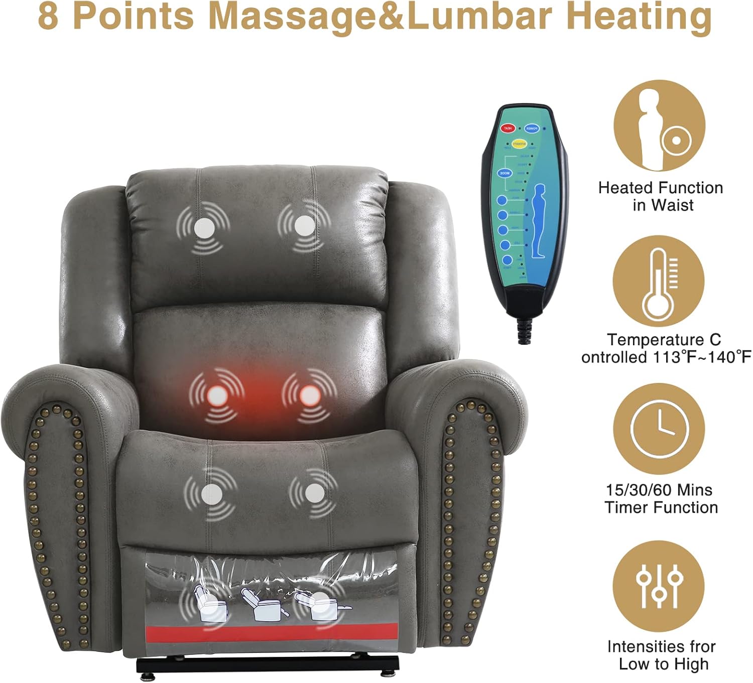 KIMOHOME Dual Motor Lay Flat Power Lift Chairs Recliners for Elderly with Heat Massage, Electric 180°Rivet Sleeping Recliner Chairs up to 350 Lbs,Grey