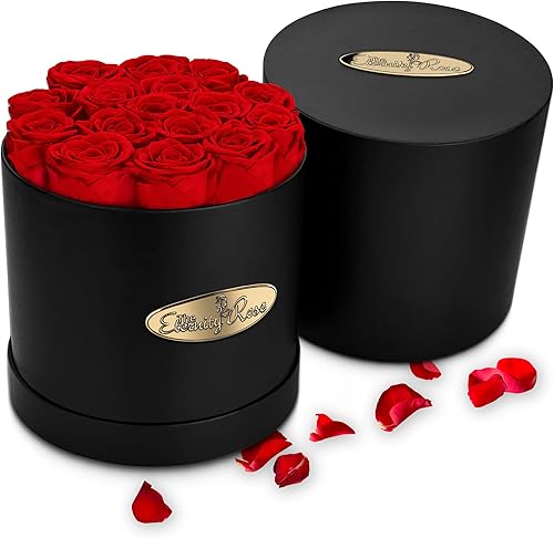The Eternity Rose Rosas preservadas de 16 piezas en una caja de regalo de lujo, rosas reales en caja redonda negra, un regalo de San Valentín tan