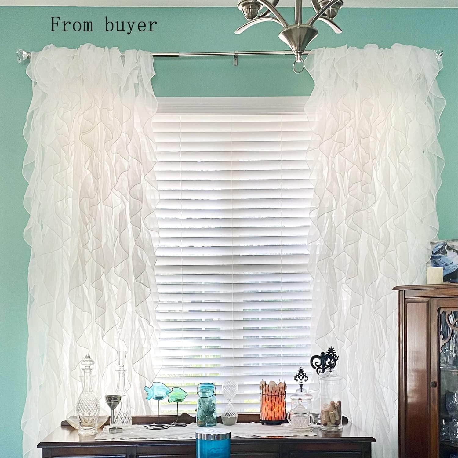 Cascade Shabby Chic Sheer Voile Vertical Ruffled Waterfall Window Curtain Panel 2 Panels (White, 50"×63")­