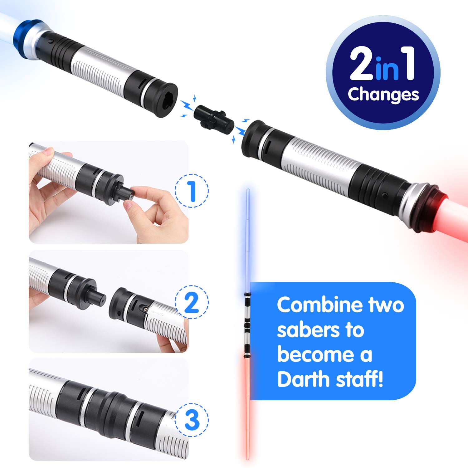 TOY Life Light Up Saber 2 Pack Telescopic Collapsable Laser Sword 2in1 LED + Sound FX(Motion Sensitive) Double Bladed Dual Light Up Sword for Kids Gifts for Christmas Dress Up Costume