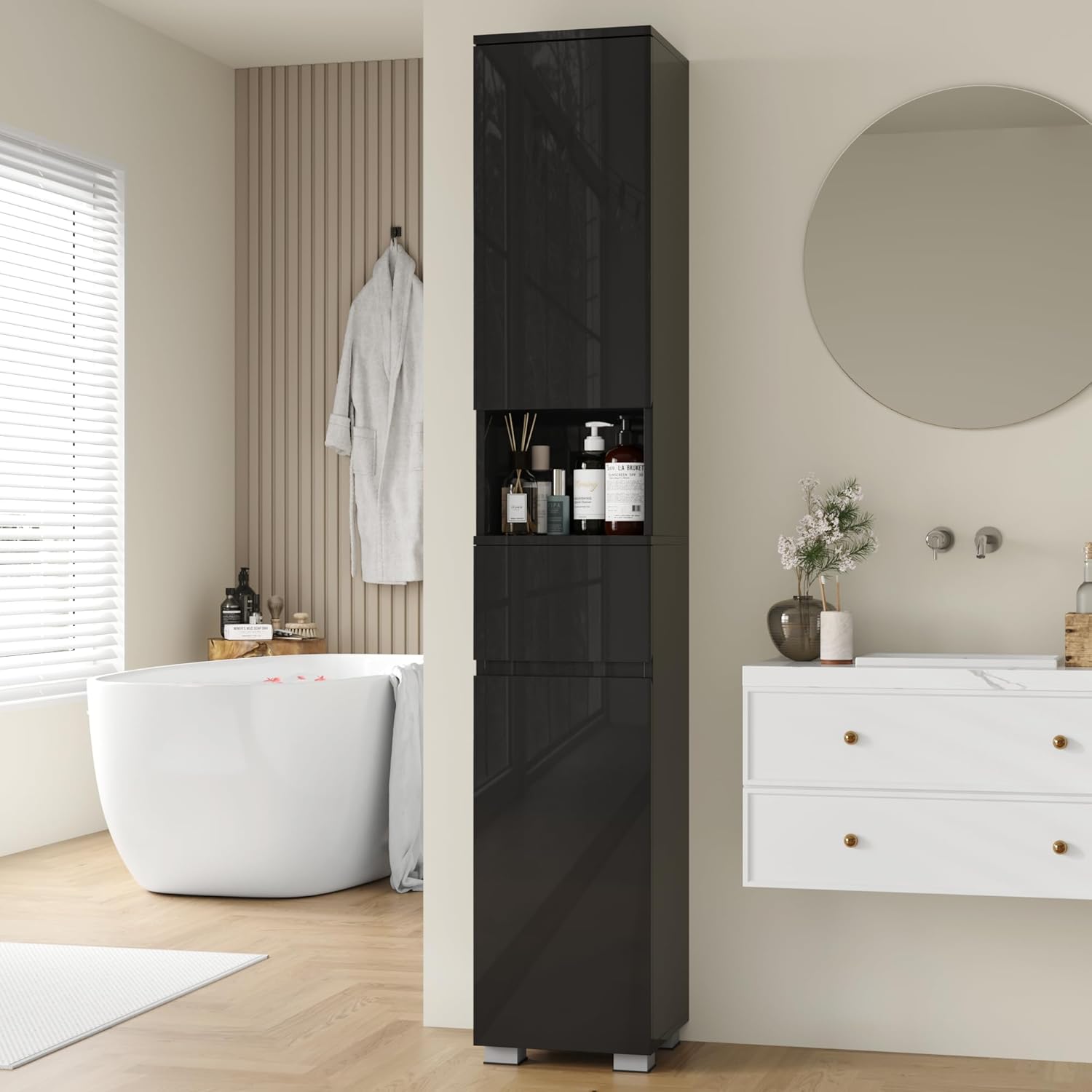MHOM High Glossy Slim Bathroom Cabinet. 66.9" Tall Storage Cabinet with Drawer and Adjustable Shelves, Narrow Linen Cabinet for Bathroom, Laundry, and Living Room, Black