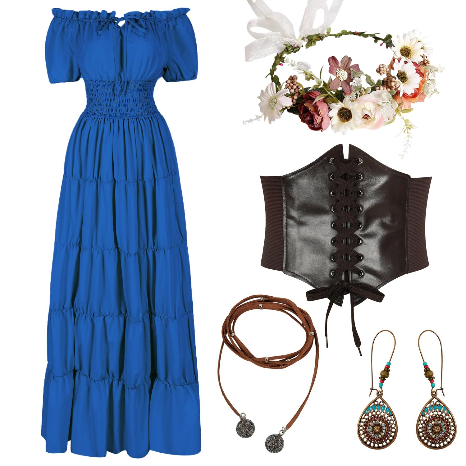 HSDOU 5 Pcs Renaissance Medieval Costume Dress Women Fairy Dress Peasant Cottagecore Dress 1700s Victorian Fairy Costume