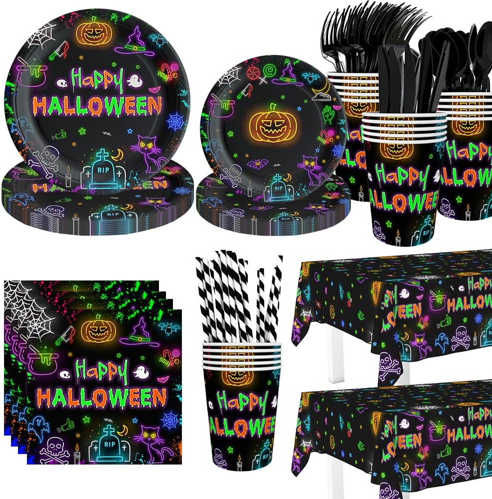 194pcs Happy Halloween Decorations Neon Party Plates, Cup, Napkin, Tablecloth, Tableware - Disposable Birthday Party Supplies for 24 Guests