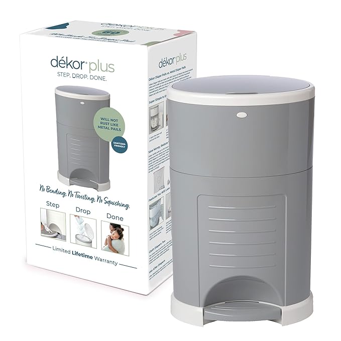 Dekor Plus Hands-Free Diaper Pail | Easiest to Use | Just Step. Drop. Done! | Pail Wont Absorb Odors/Rust | 20 Second Bag Change | Most Economical Refill System | Great for Cloth Diapers | Gray