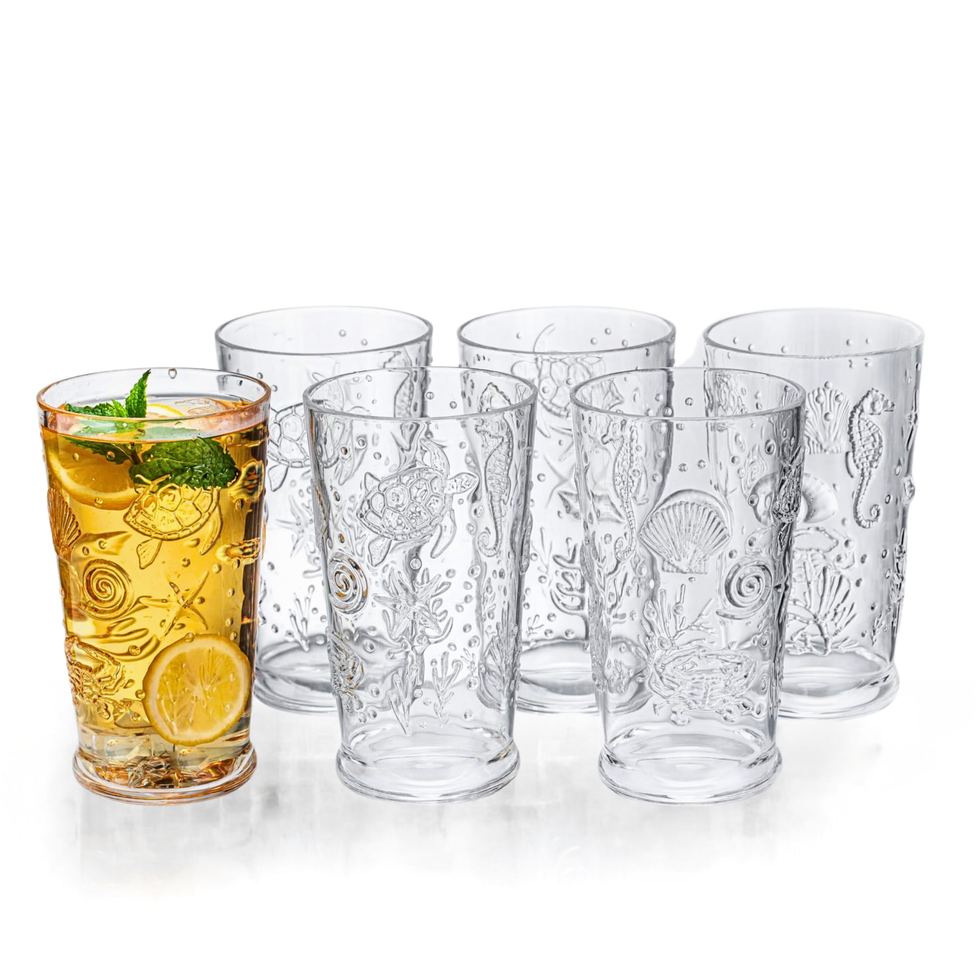 MIYOPESI Coastal Acrylic Glasses Set of 6 22oz Summer Beach Theme Cups Sea Ocean Life Drinkware Unbreakable BPA-Free