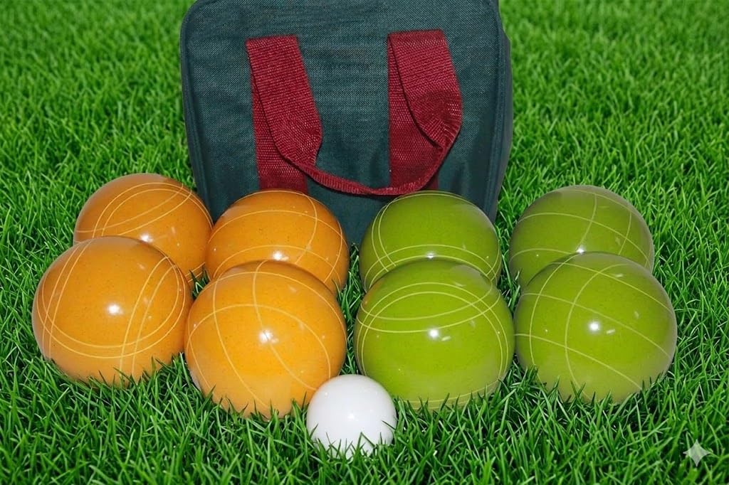 BuyBocceBalls Listing - Made in USA, Premium Quality Tournament Bocce Set - 110mm Lime Green and Gold Balls, Nylon Bag, 998 Grams (2 lbs. 3.2 oz.). Various Bag Colors