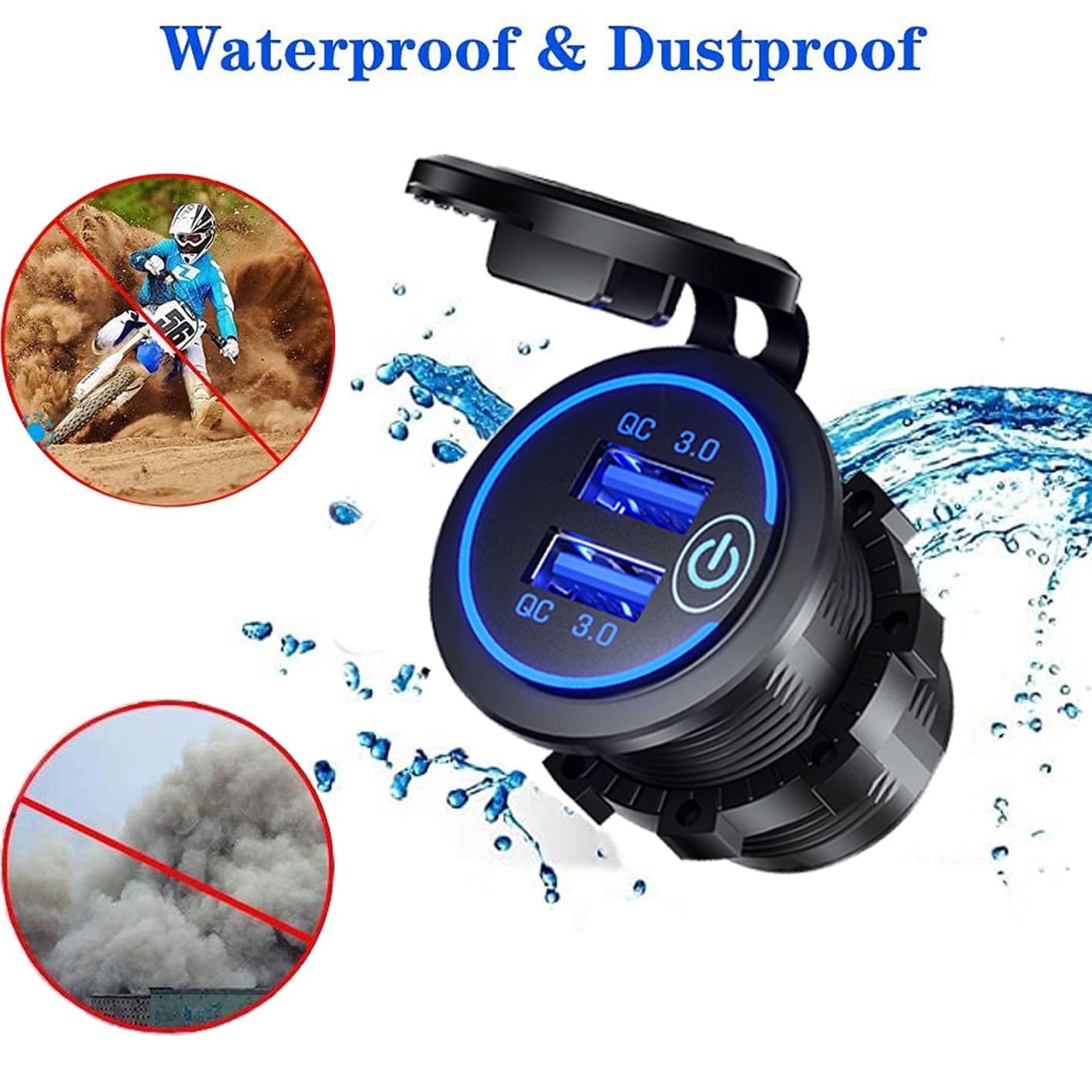 (2 Pezzi) Intckwan Caricabatteria da auto USB a 2 porte, QC 3.0 36W Ricarica rapida con interruttore e Blu LED, impermeabile e antipolvere per 12V~24V Auto Barca Moto SUV Bus Camion Caravan