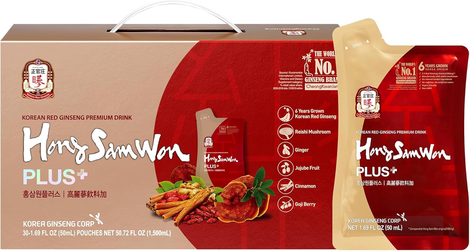 JUNG Kwan Jang Hong Sam Won Korean Red Ginseng Drink, Herbal Tea Vegan Friendly (30 Pouches)