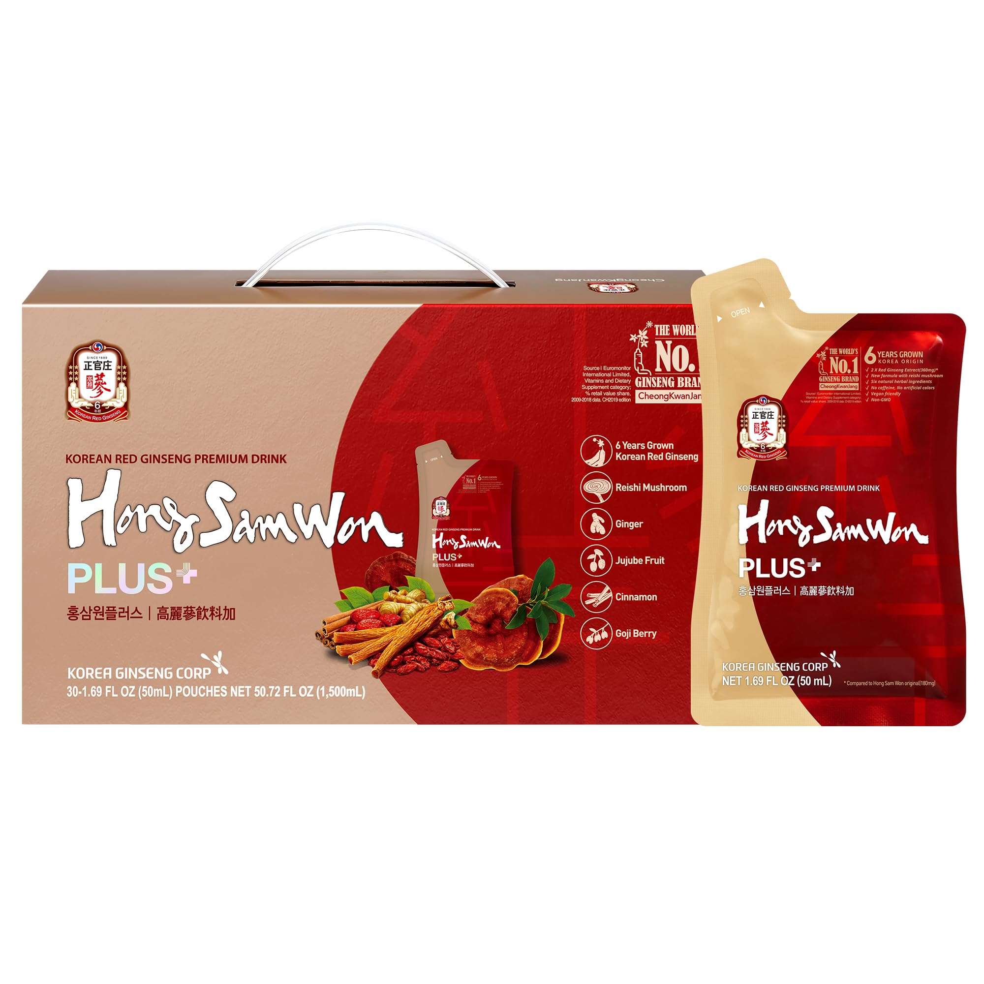 CheongKwanJang [Hong Sam Won - Korean Ginseng Drink] Korean Red Panax Ginseng Extract Drink - Increase Productivity, Improve Blood Circulation & Brain Function - 30 Pouches