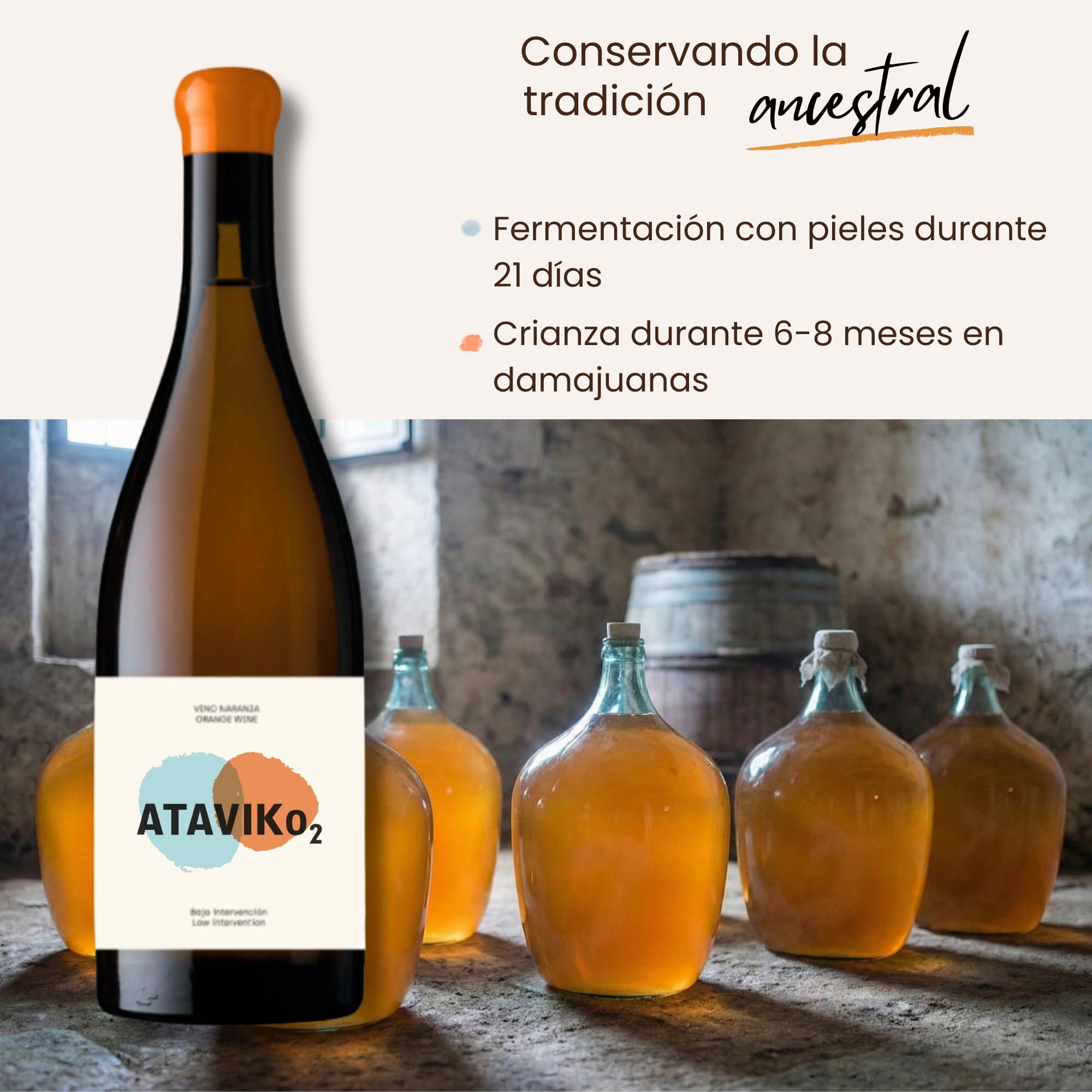 Vino Naranja, Uva Blanca Garnacha, Macabeo (Viura), Sumoll, Merseguera, Vino Seco, Aroma Afrutado [PACK 2] Pescado Carne Marisco Queso, Crianza Ánfora Damajuana, Eco, ATÁVIKO2 2023 + HOLÍSTIKO2 2024