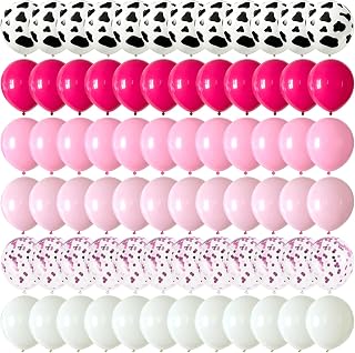 Cowgirl Balloons 12 Inch 55Pcs White Pink Cow Print Latex Confetti Balloon | with Ribbon & Balloon Tape for Cowgirl Birthday Baby Shower Bachelorette Western Party Rodeo Party Decorations