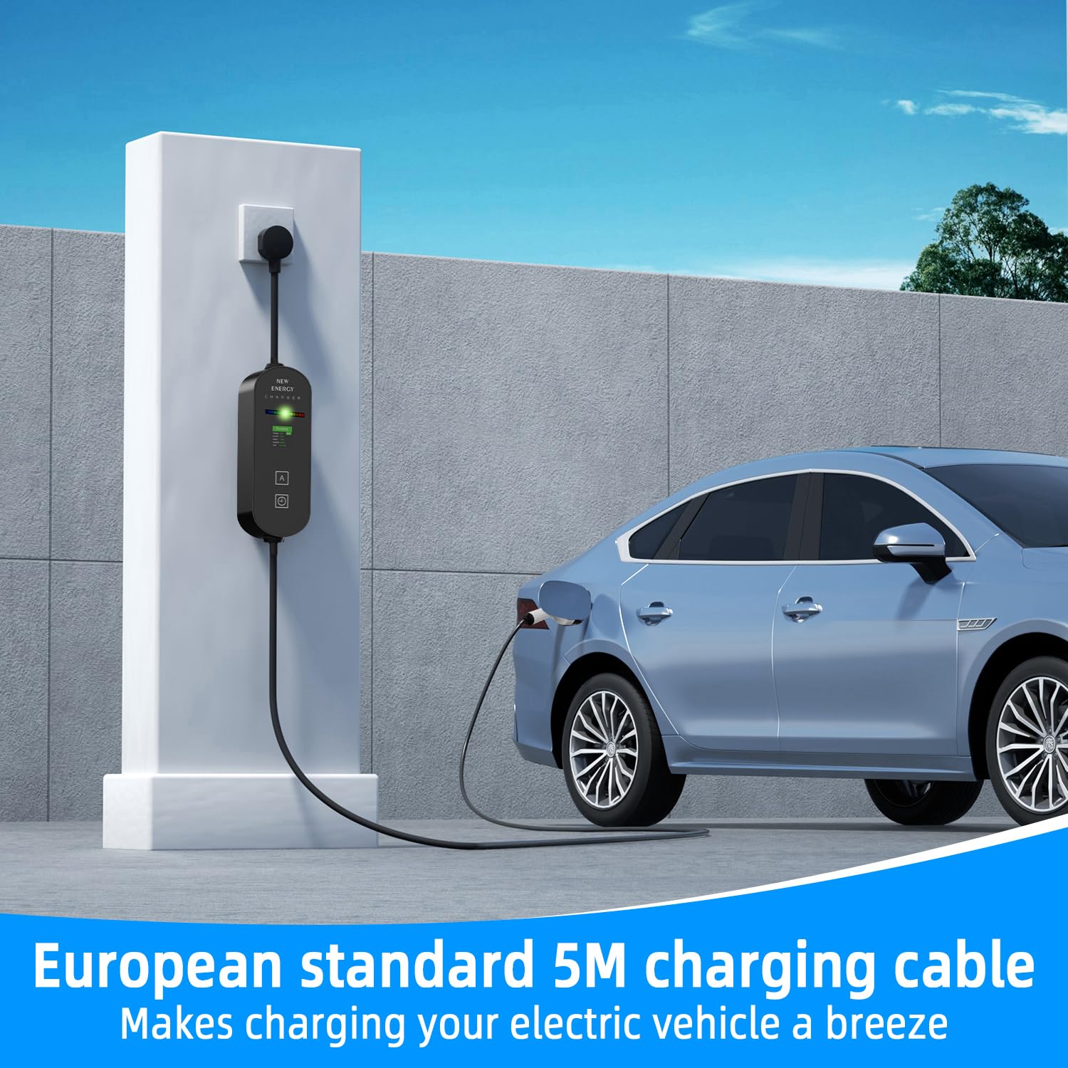 Cavo Ricarica Auto Elettrica Tipo 2 Schuko 3,5kW [5m, 6/8/10/13/16A] con LCD Controllo Digitale e Supporto Compatibile con Model Y/3, 500e, e-208 e altri EV/PHEV