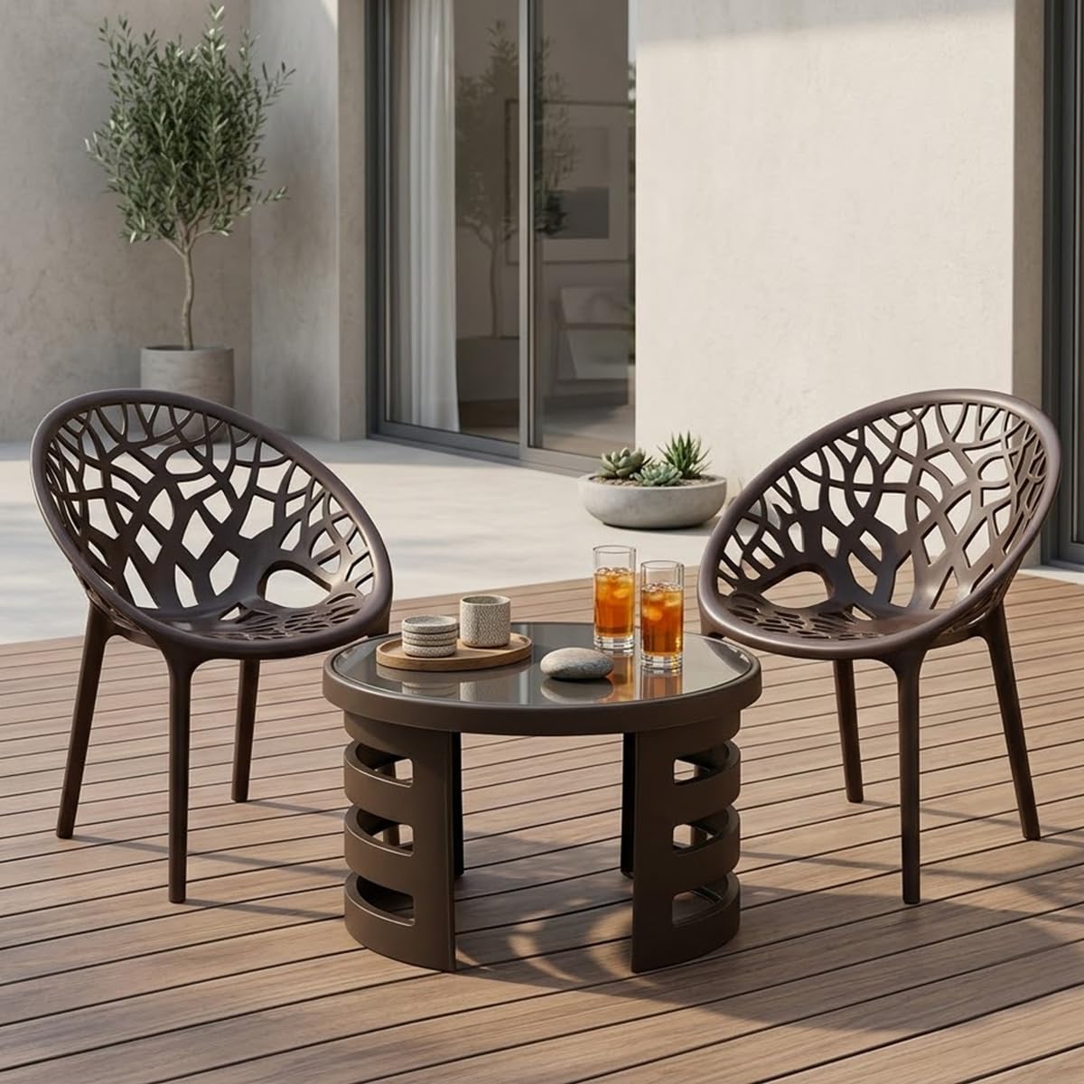 Nilkamal Crystal Chair and Mystique Glass Top Coffee Table Set | 2 Chairs and 1 Table | Plastic Furniture Set for Indoor and Outdoor Use, Balcony, Garden, Patio| Weather Brown and Season Rust Brown-image-2