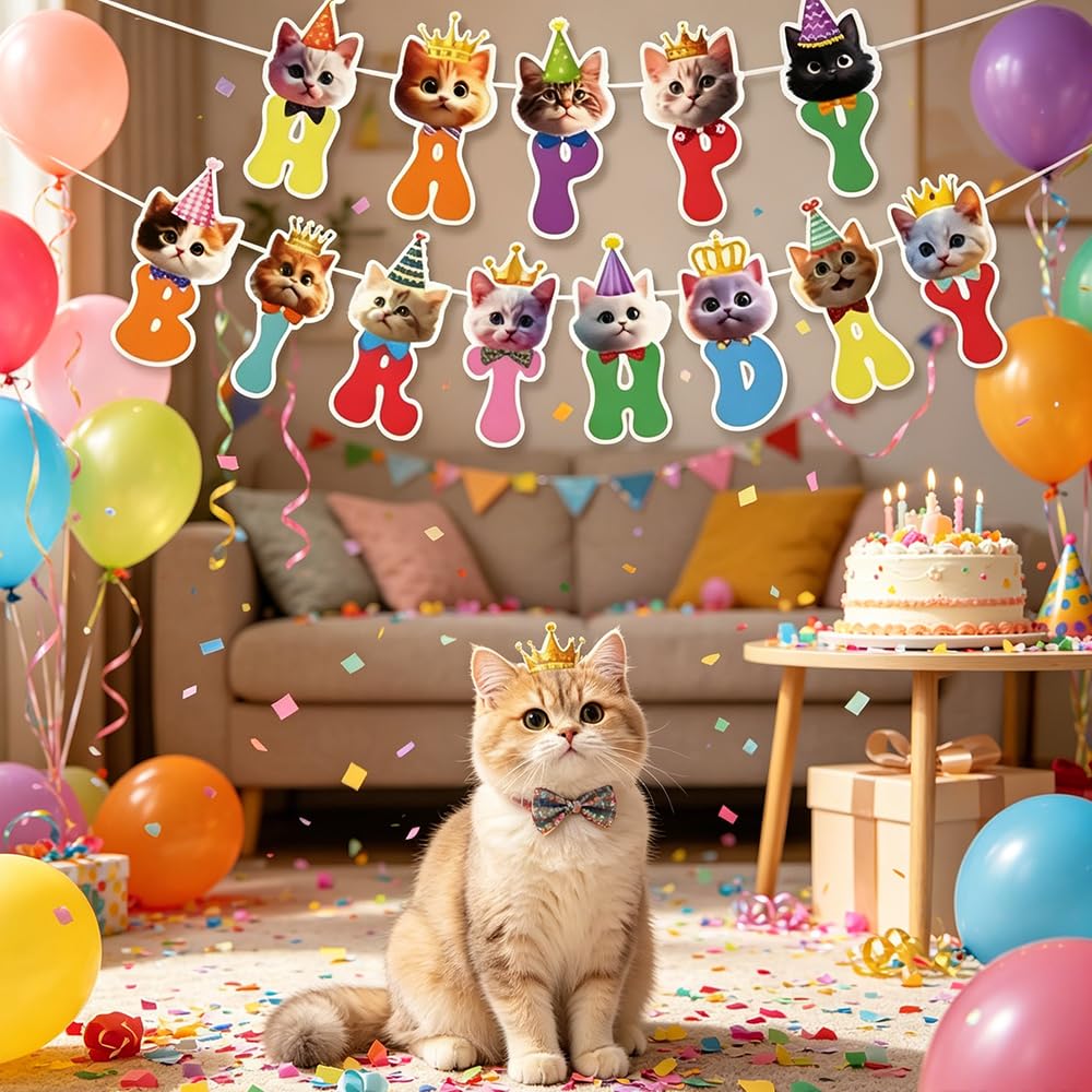 Cat Birthday Banner Decorations, Festive Theme Party Supplies, 6.7 x 3.9 x 0.4 inches, for Cat Birthday Parties