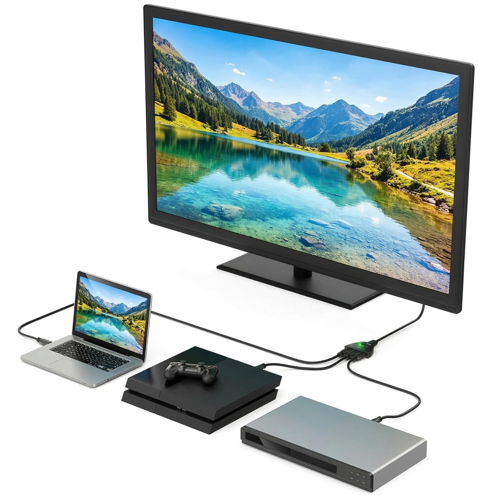 Switch HDMI 3 Porte, Commutatore HDMI 4K 30Hz con Cavo da 56 cm, 3 Ingressi 1 Uscita, Splitter HDMI Hub, Auto & Manual Switch, per PS4, Xbox, Sky Q, Fire Stick, Roku, PC, TV, Monitor