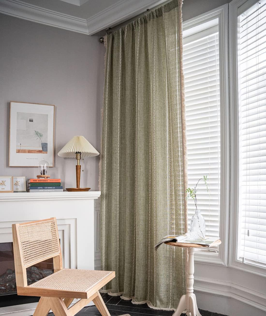 vctops Boho Stripe Embroidery Curtains for Bedroom Living Room Country Farmhouse Semi-Blackout Window Curtain Panels with Tassels (Green,52"x79")