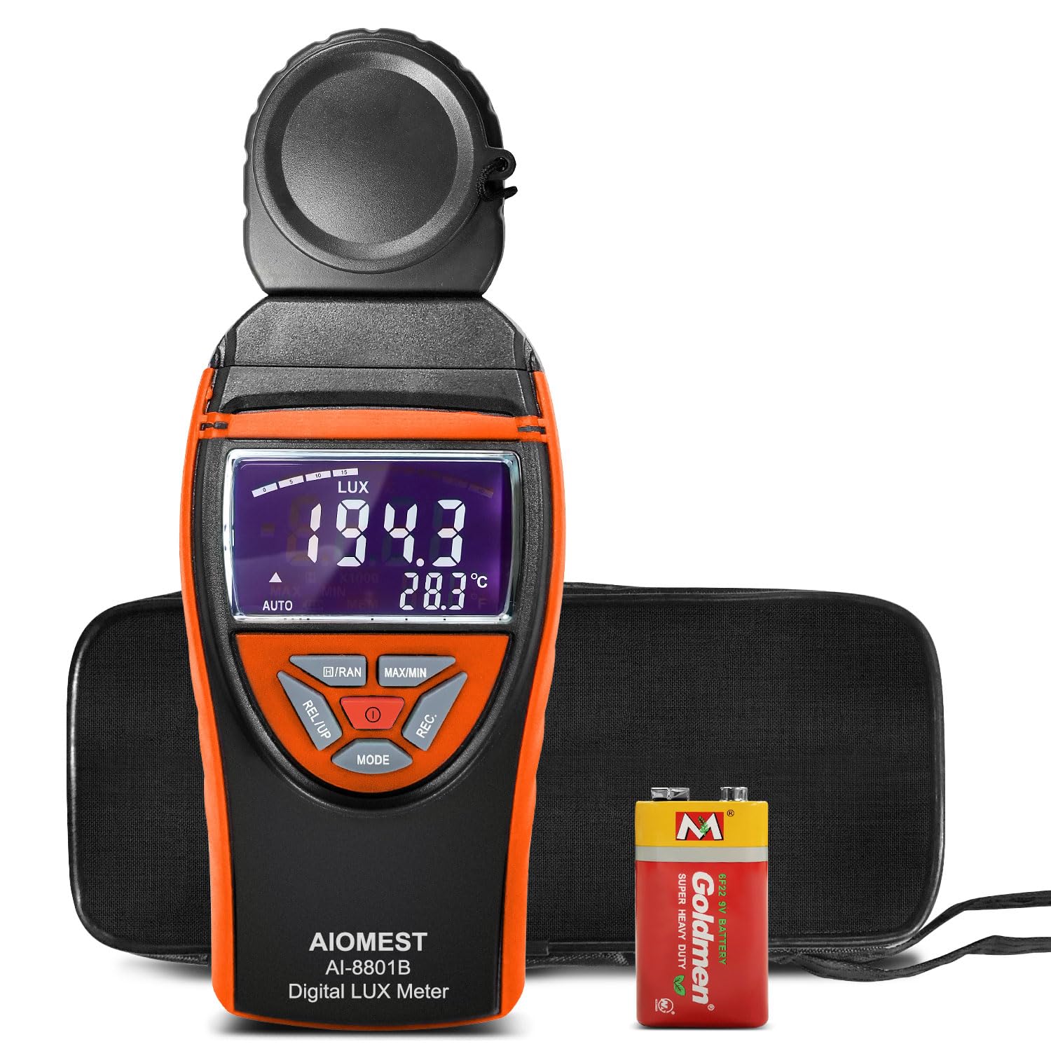 AIOMEST Numérique Luxmeter Photomètre portable 0,1 ~ 400,000 lux avec données, détecteur rotatif à 270° avec écran LCD pour plantes, bureau, éclairage LED, AI-8801B (orange)