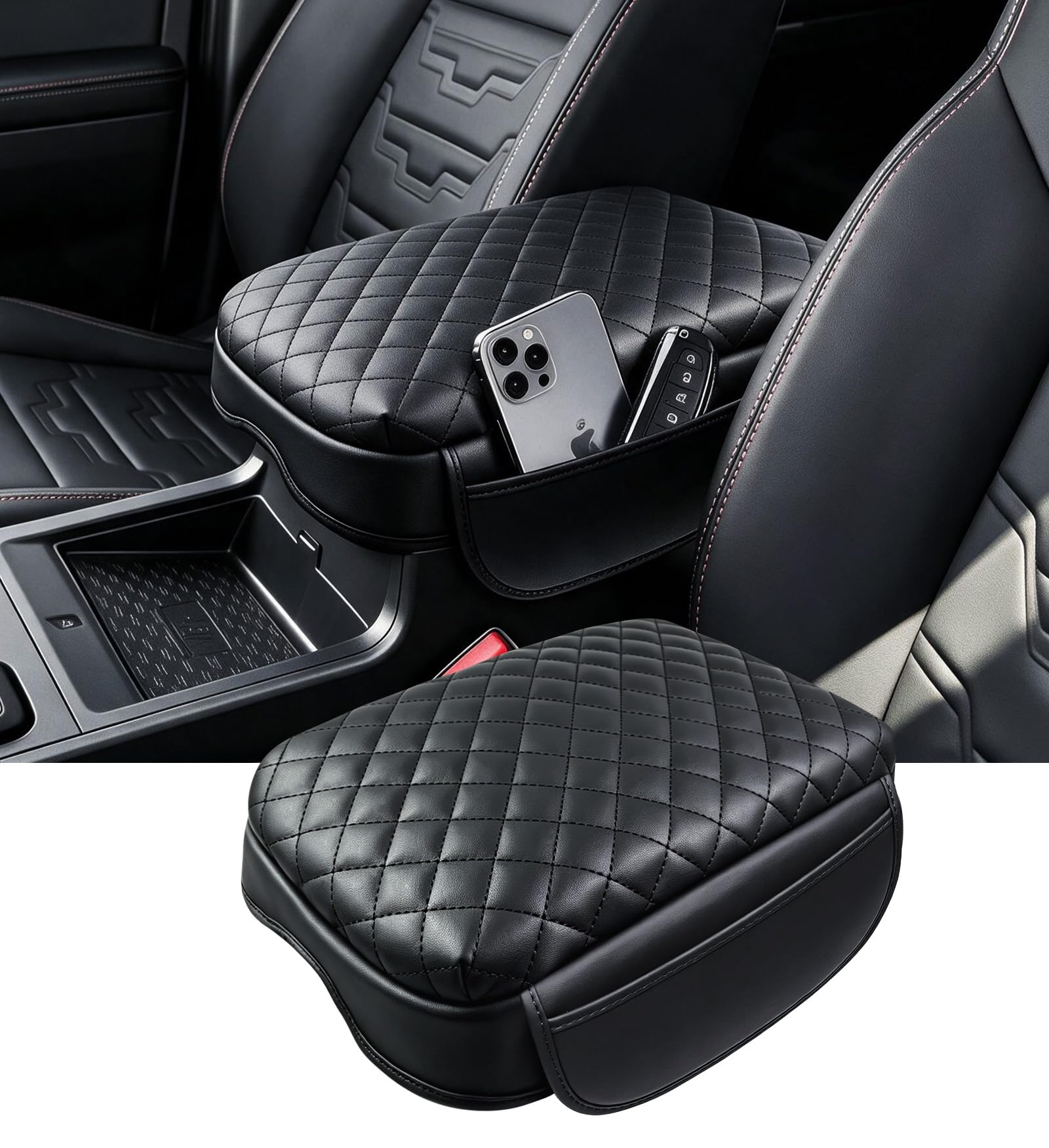 Center Console Cover for Nissan Frontier 2026 2025 2024 2023 2022, 1.2-Inch Thick PU Leather Middle Armrest Cushion Protector Pad with 2 Side Pockets for 2022-2026 Frontier, Black
