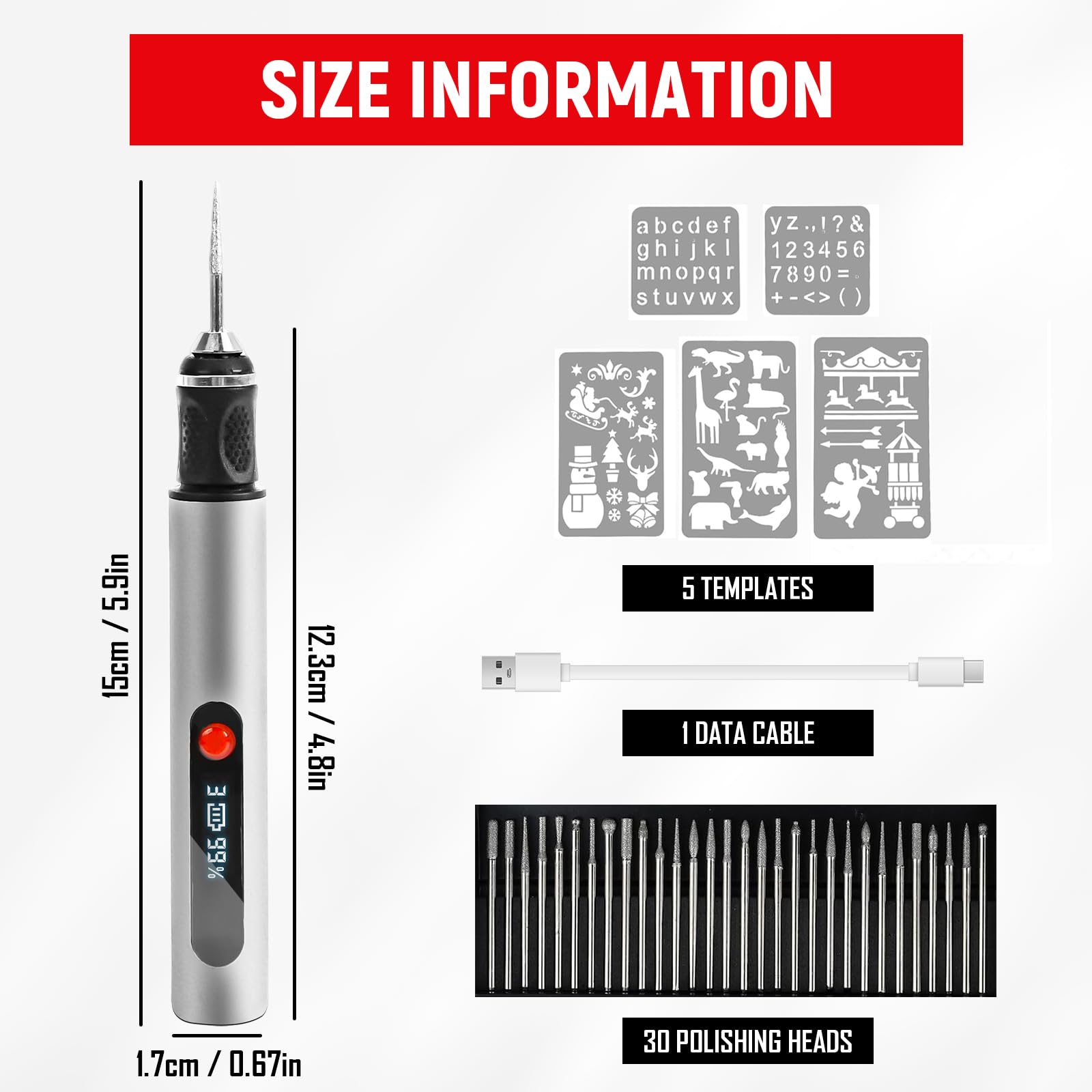 Gravierstift Wiederaufladierbar Gravur Werkzeug Kit Kabelloser Elektrischer Gravur Stift mit 30 Bits und 5 Gravurvorlage für Schmuck, Metall Glas Kunststoff