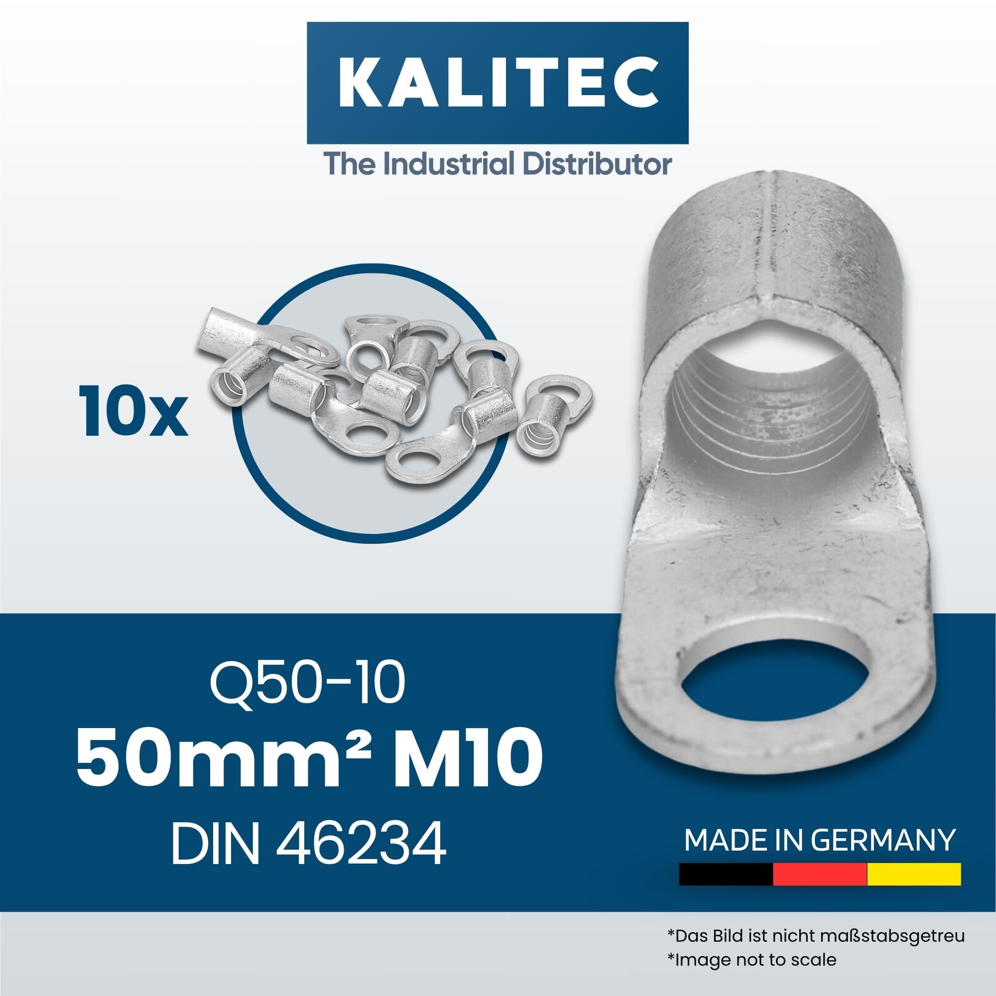Kalitec 10x Terminales de Cable de Compresión 50 mm² M10 - DIN 46234 | Terminal de anillo de cobre electrolítico sin aislamiento, ideal para conexiones seguras en vehículos e ingeniería eléctrica