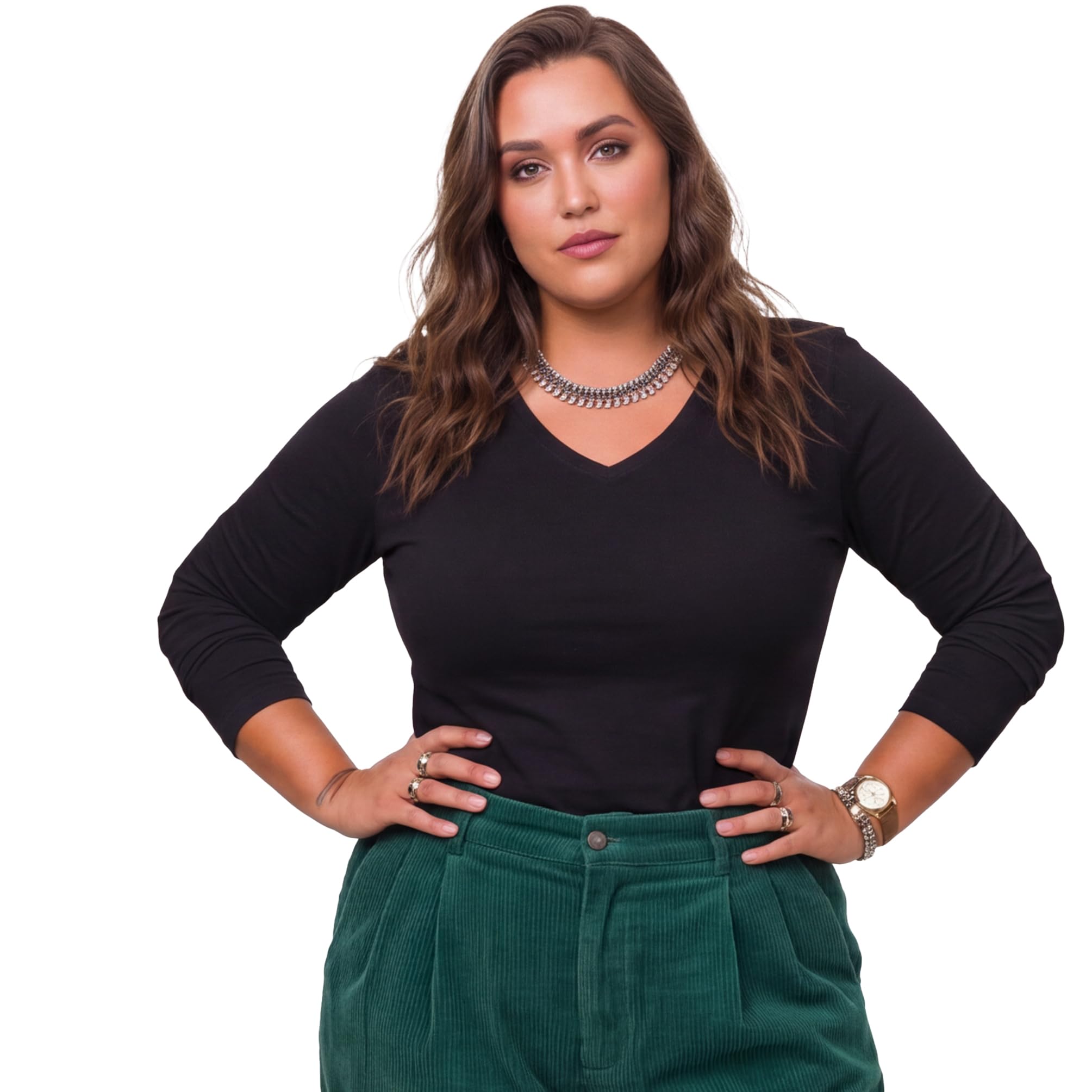Emmalise T-shirt à manches longues et col en V pour femme Junior et grande taille, Lot de 4 - Bleu marine, noir, gris H, blanc, Taille L