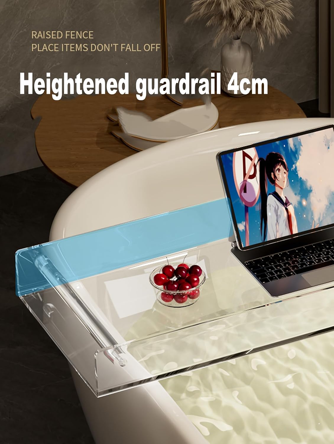 Acrylic Bathtub Caddy Tray with Towel Rack Wine Glass Holder Candle Holder Phone Slot Clear Bathroom Shelf for Shower Supplies (Size: 80CM)