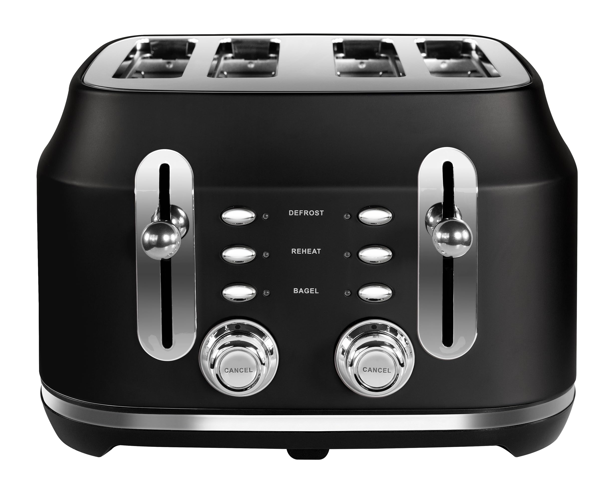 RangemasterRMCL4S201BK Classic Black 2.1kW 4 Slice Toaster with Defrost, Cancel & Reheat Functions, Removable Crumb Tray & 6 Power Levels with 3 Year Guarantee