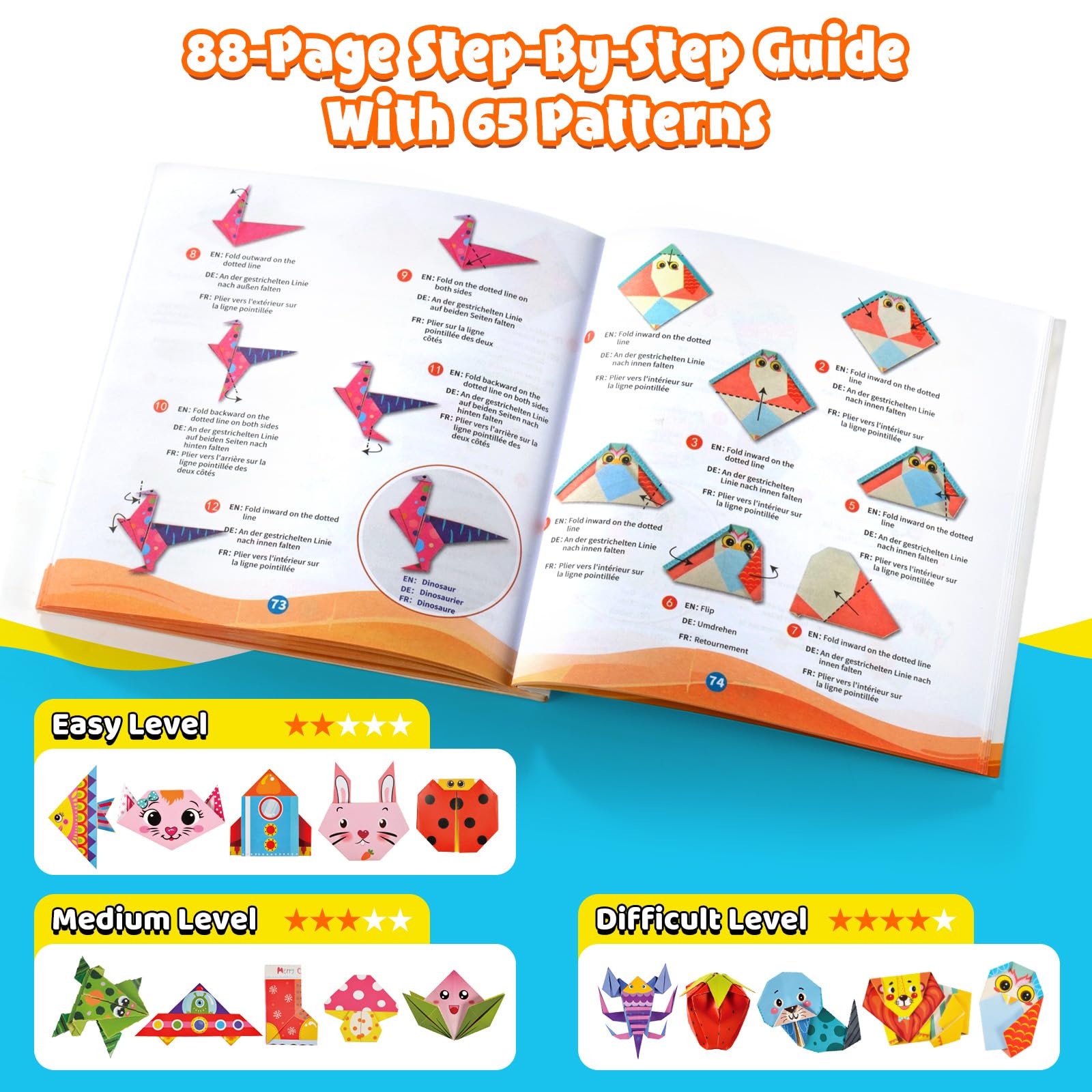 Kit Origami Pour Enfants 6-12 Ans - 130 Feuilles De Papier + 65 Modèles + Guide De 88 Pages - Activité Manuelle Créative Et Éducative - 13