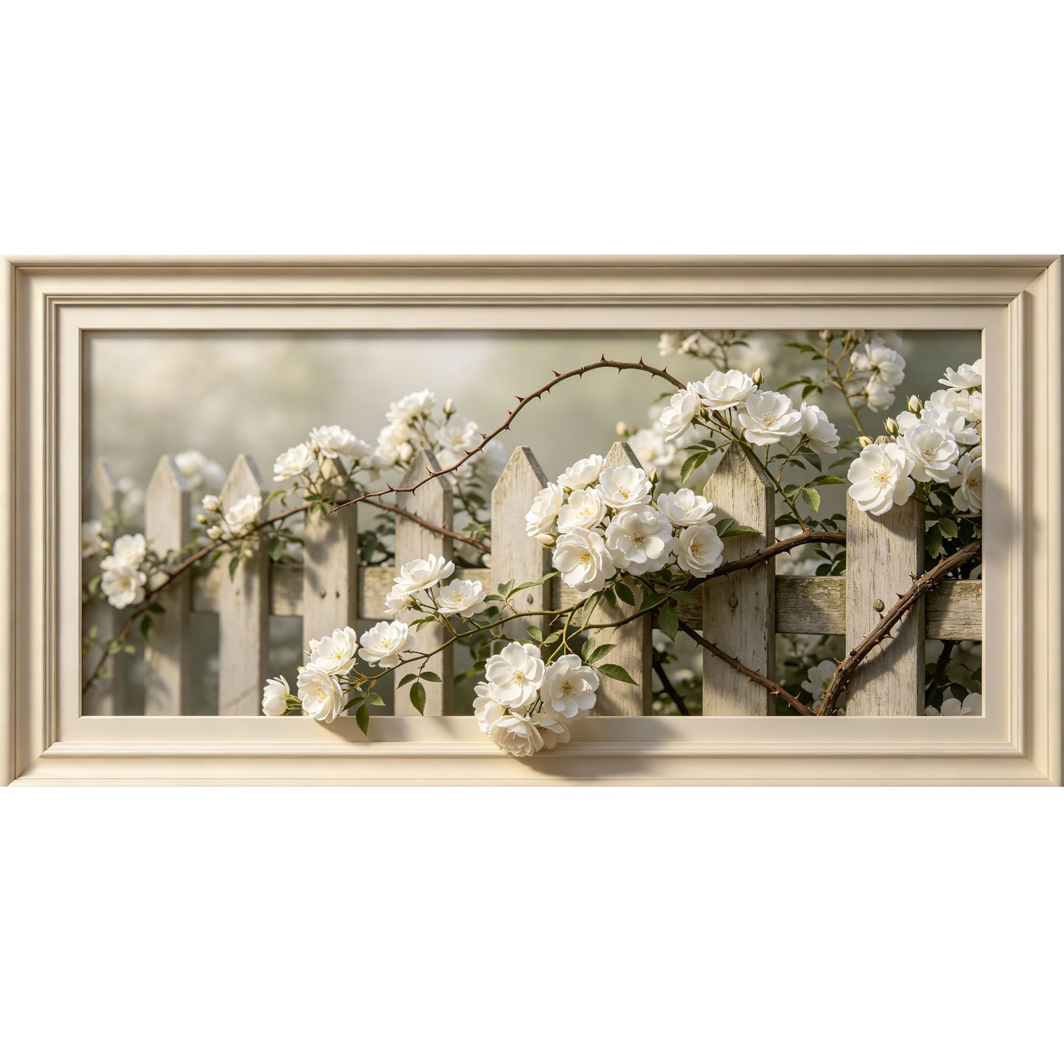 Agglomerix 3D Framed Wall Art White Rose Flowers Picket Fence Farmhouse Botanical Texture Large Size SelfAdhesive Removable Wall Decor Prints Artwork for Living Room Bedroom Office