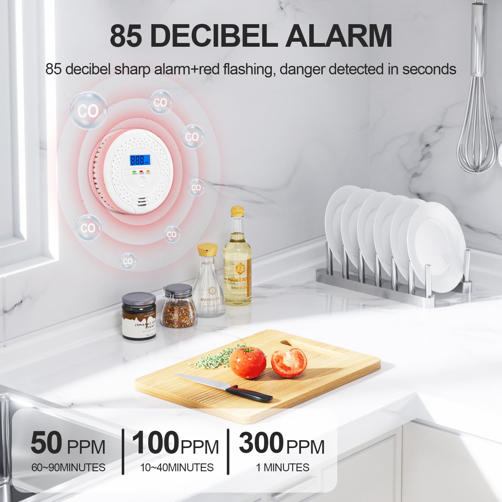 Detector de Monóxido de Carbono, Detector de CO, Pantalla LCD Digital, Alarma de 85 dB, Detector CO con Batería Reemplazable, Portátil para Hogar, Caravana, Viajes