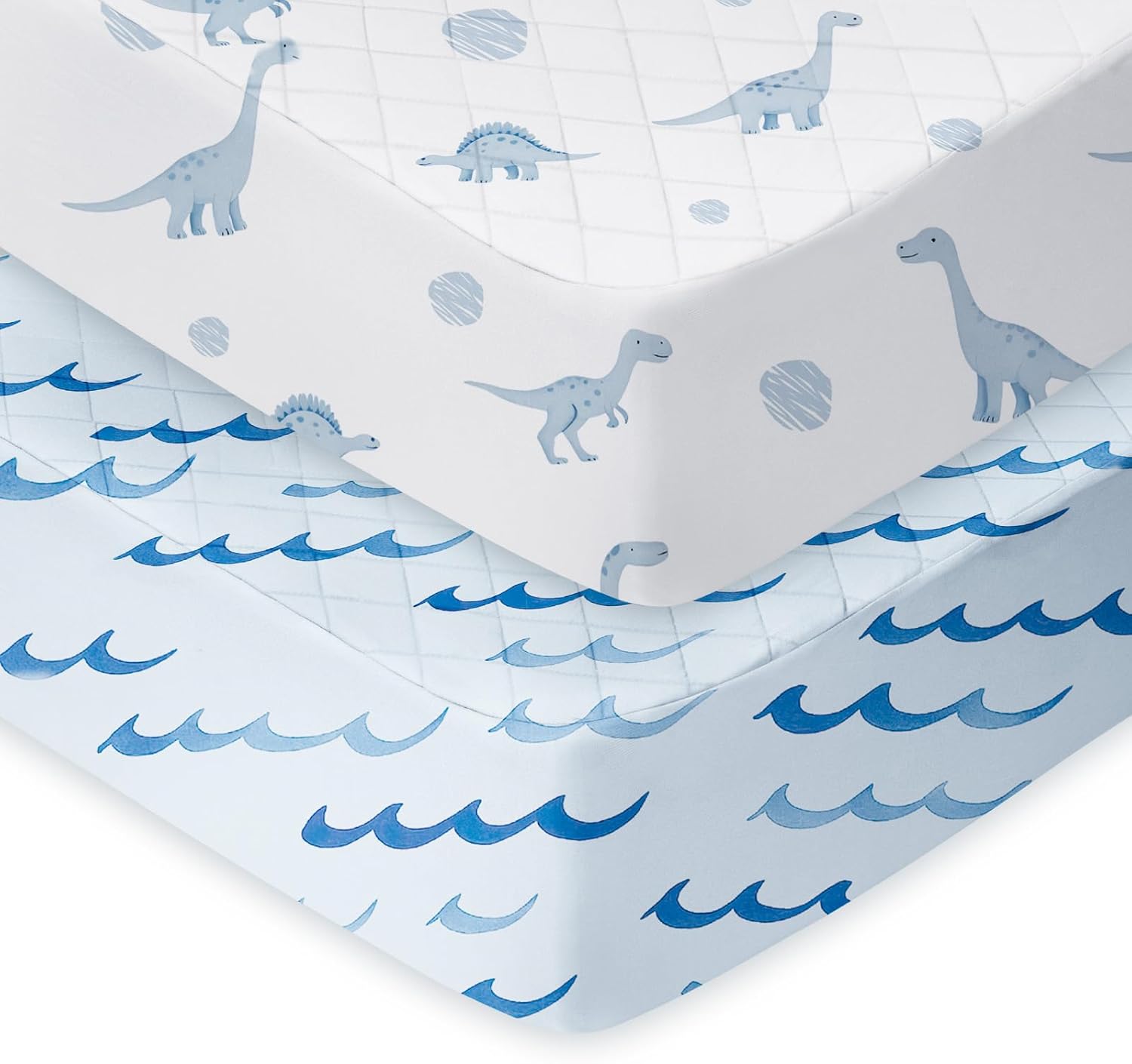 Light Quilted Crib Sheets 2 Pack, Soft Fitted Sheets for Standard Crib and Toddler Mattresses, Aqua Dinosaur