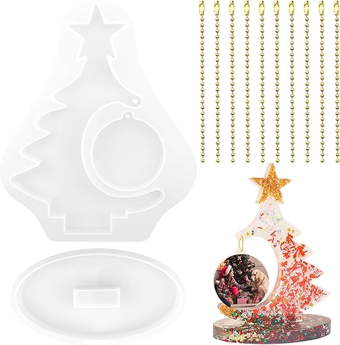 Molde de silicona para marco de fotos con 10 accesorios de cadena, moldes de resina epoxi en forma de árbol de Navidad, manualidades, decoración de