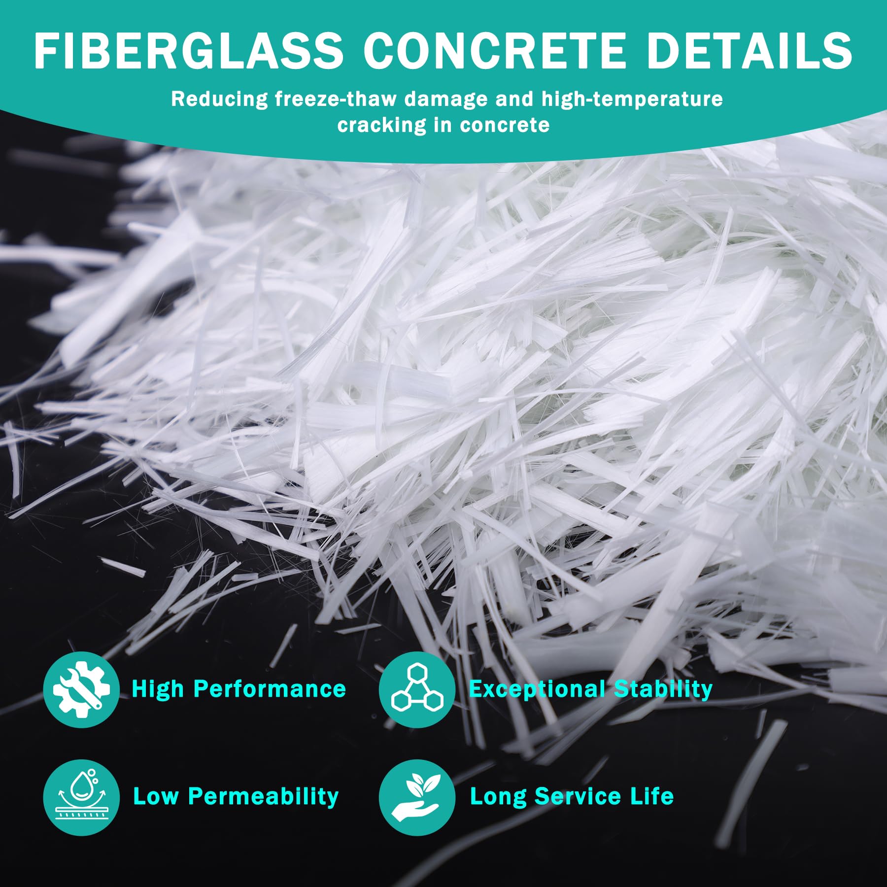 Fibre de verre pour béton, fibre de béton de 1,9 cm de long, fibre de verre hachée AR-Glass pour renforcement du mortier de ciment (blanc, 2 kg)