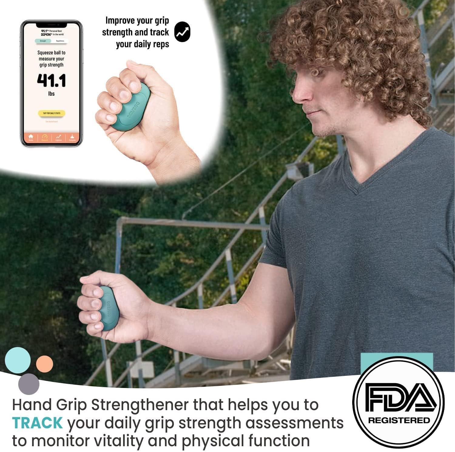 Man using SQUEGG device while looking at phone displaying grip strength measurement.