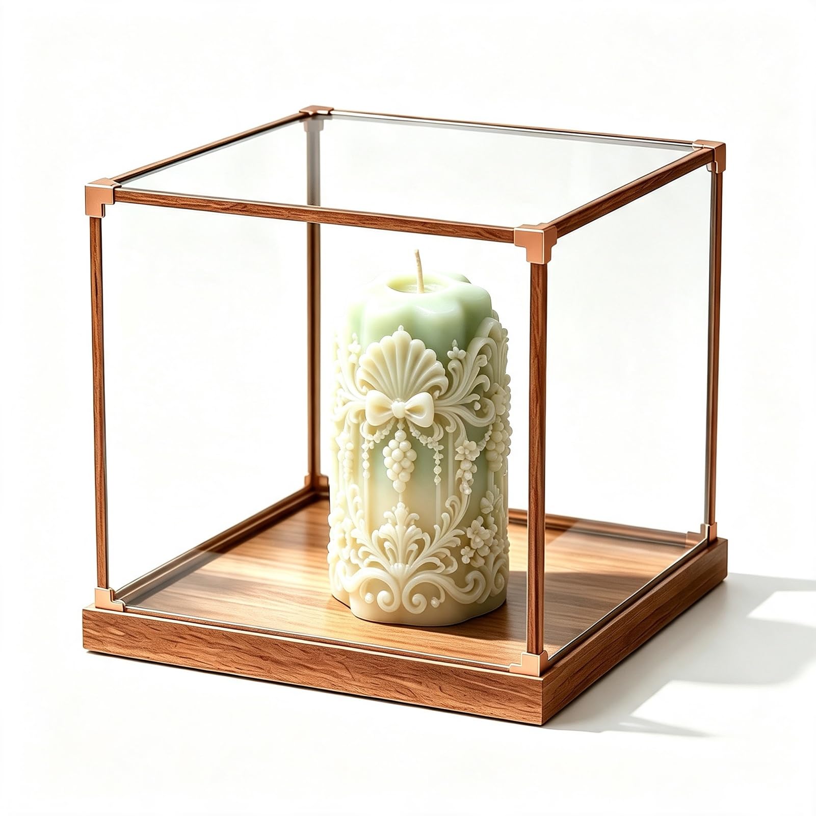 Teca Plexiglass Vetrina per Ornamenti, Cubo Quadrato, Contenitore Bomboniere | Vetrina Espositiva in Acrilico con Struttura in Metallo Effetto Legno, Espositore da Banco a Cubo, Mobiletto con Base
