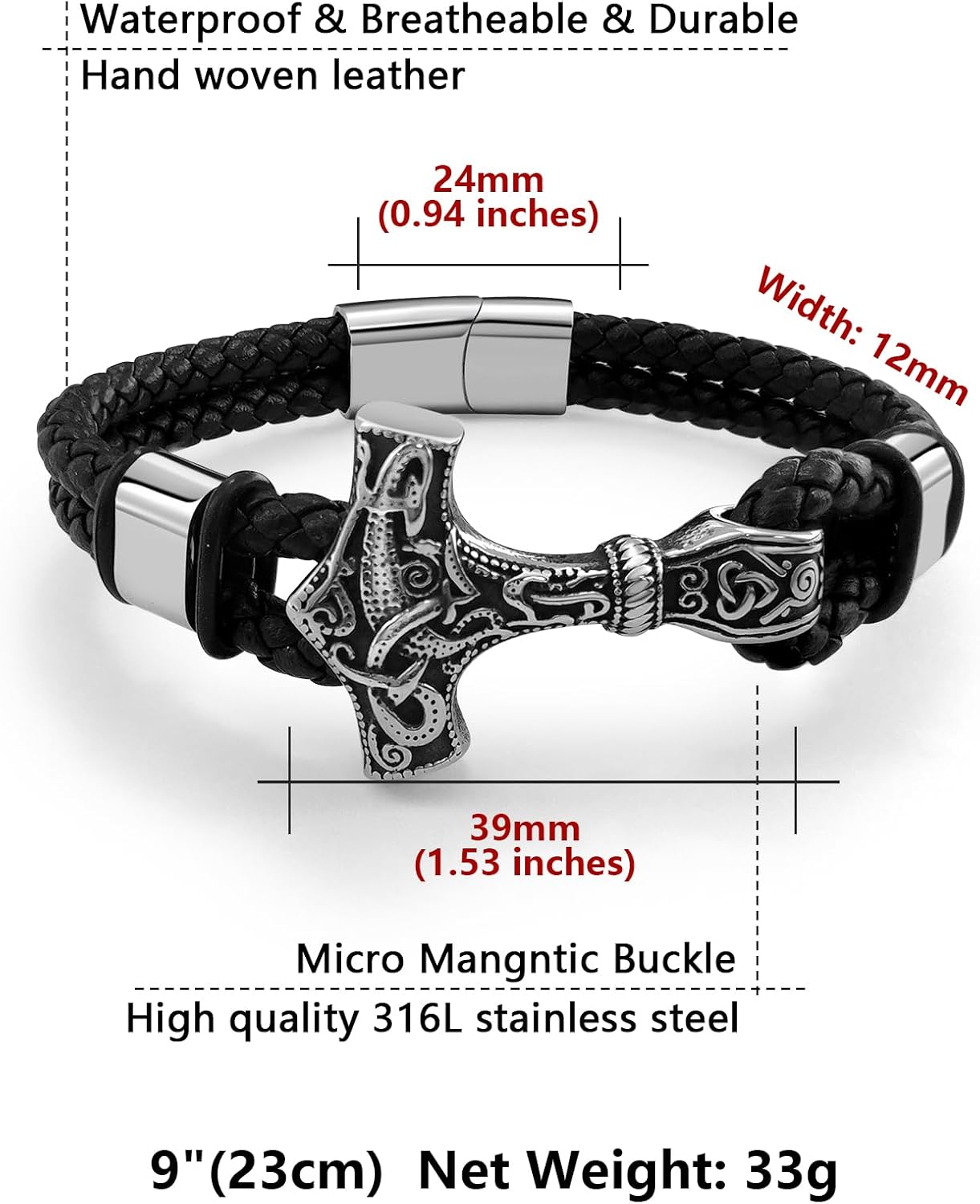 Viking Leather Bracelet For Men With Thor's Hammer – Stainless Steel Norse Amulet Bracelet, Gift Box Included - View #8
