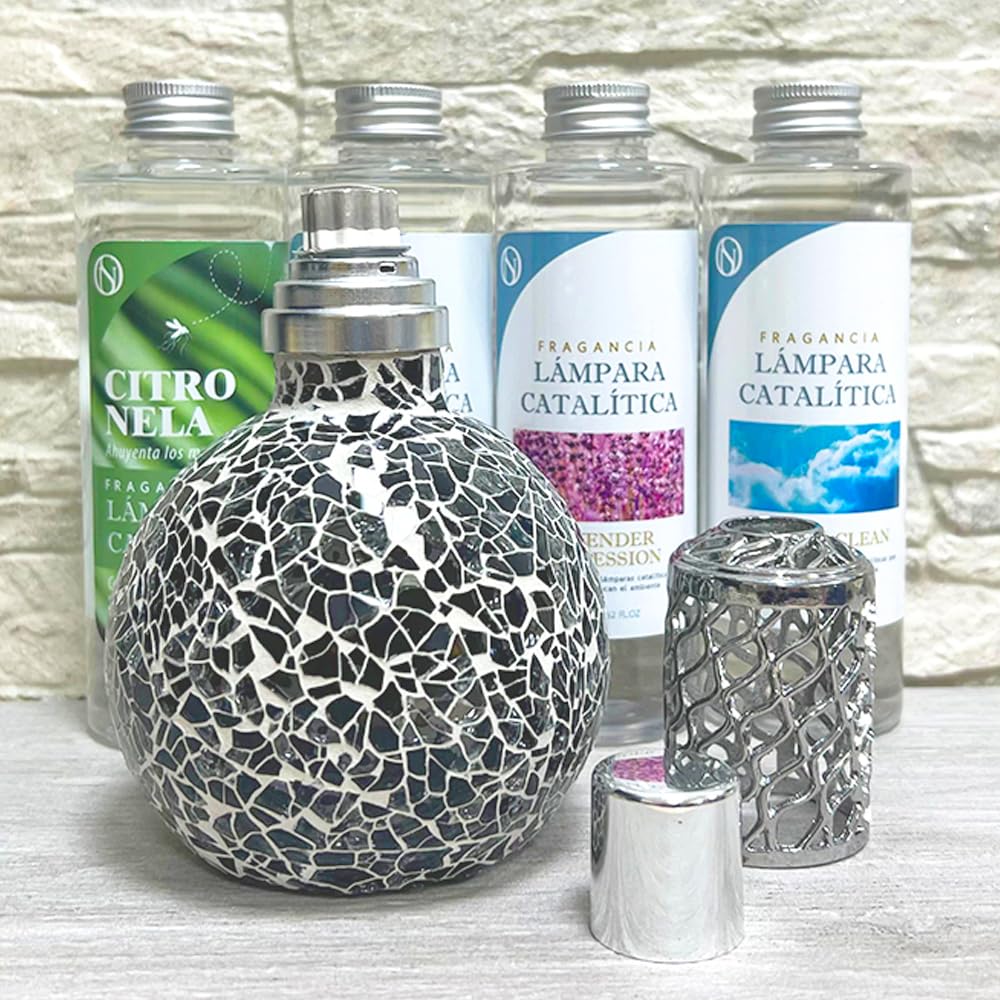 Pack Ahorro Lámpara Catalítica Mosaico Negro + Fragancia Aroma Cotton Clean 500ml. Elimina malos olores e impurezas, perfuma y limpia.
